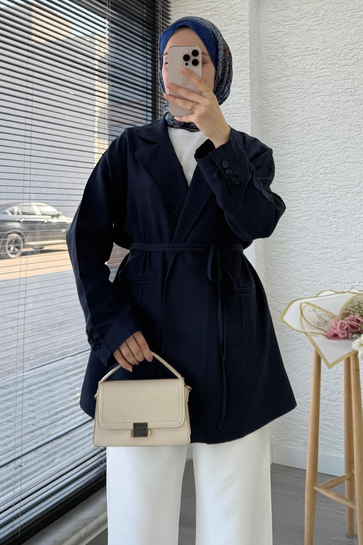 Belden Bağlamalı Keten Blazer Ceket –Lacivert
