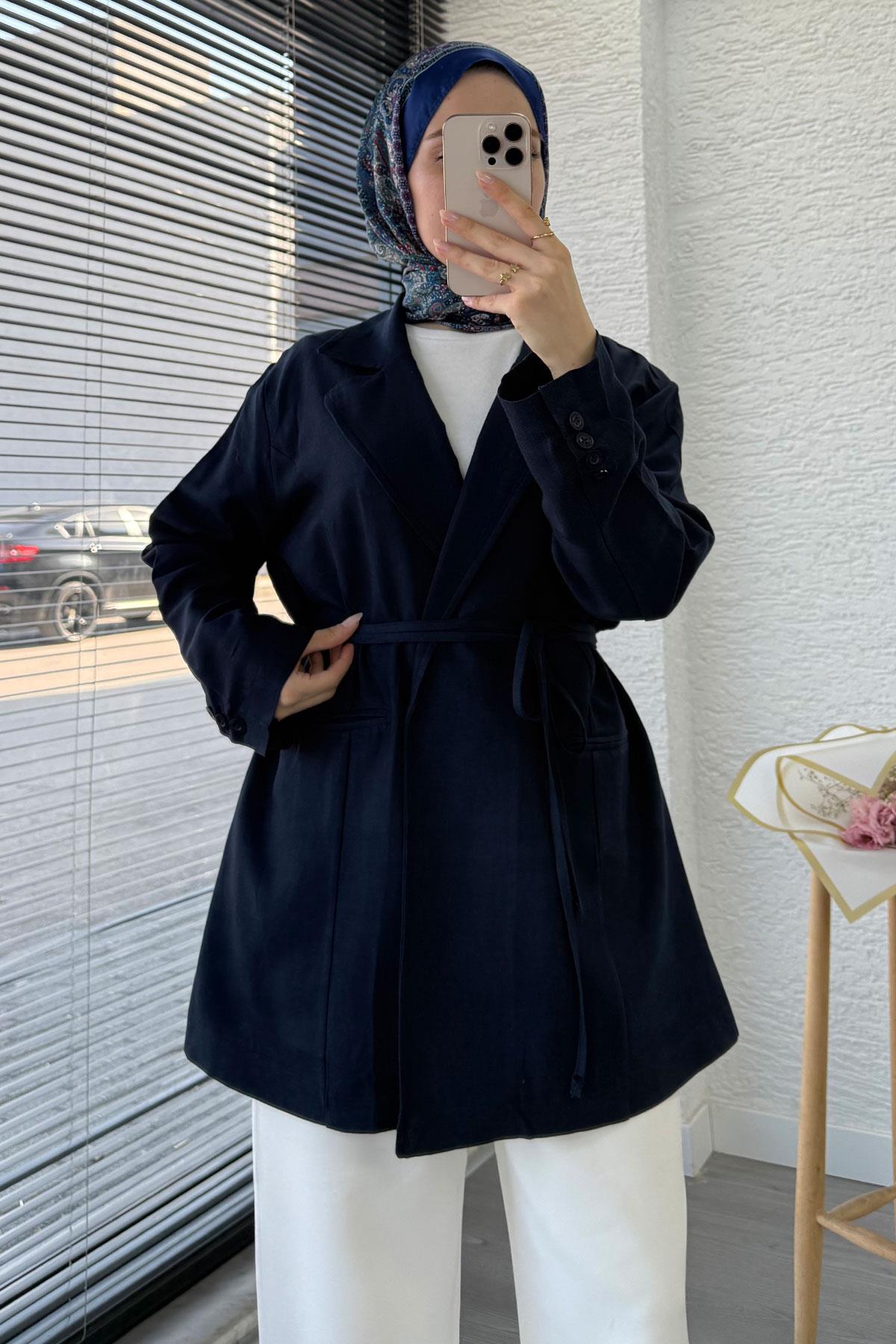 Belden Bağlamalı Keten Blazer Ceket –Lacivert