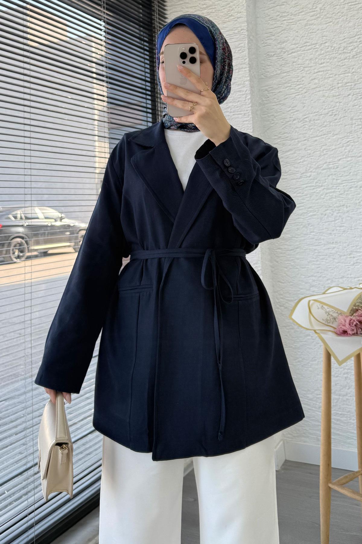 Belden Bağlamalı Keten Blazer Ceket –Lacivert