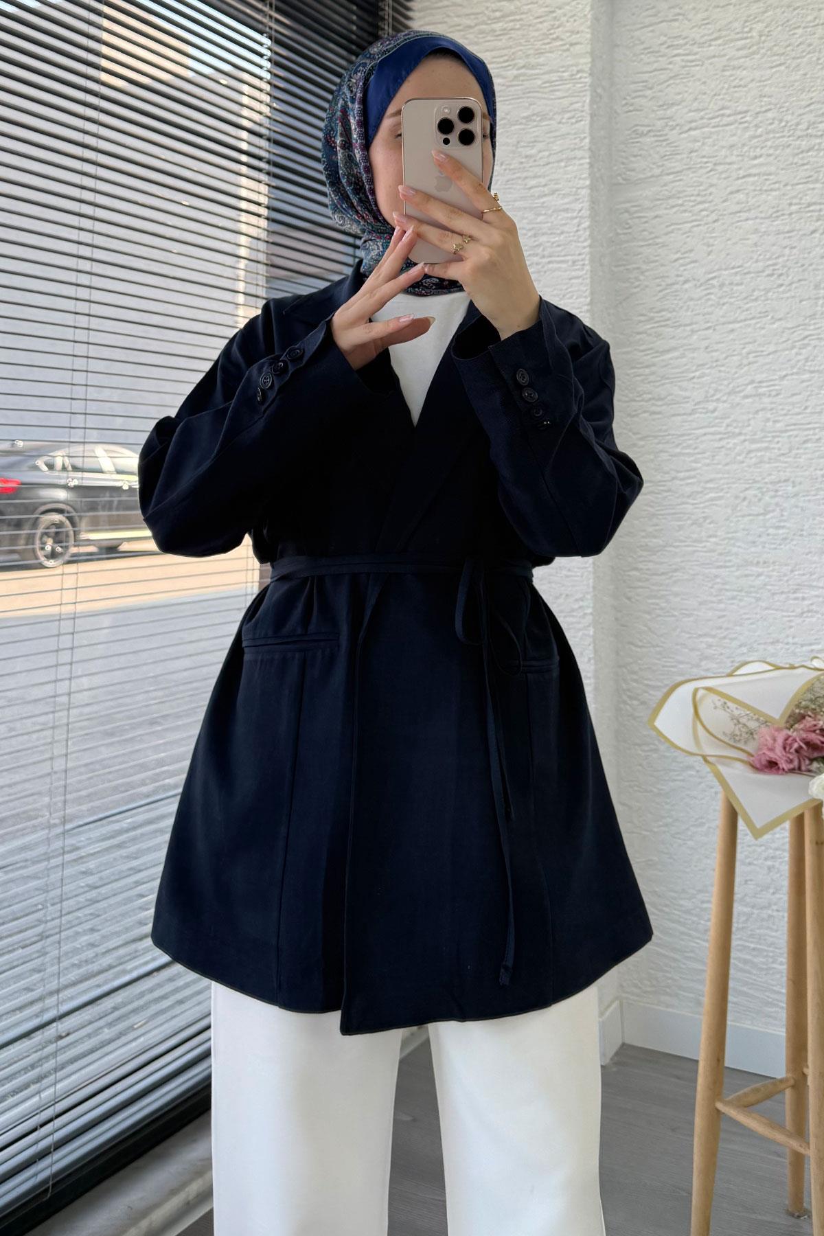 Belden Bağlamalı Keten Blazer Ceket –Lacivert