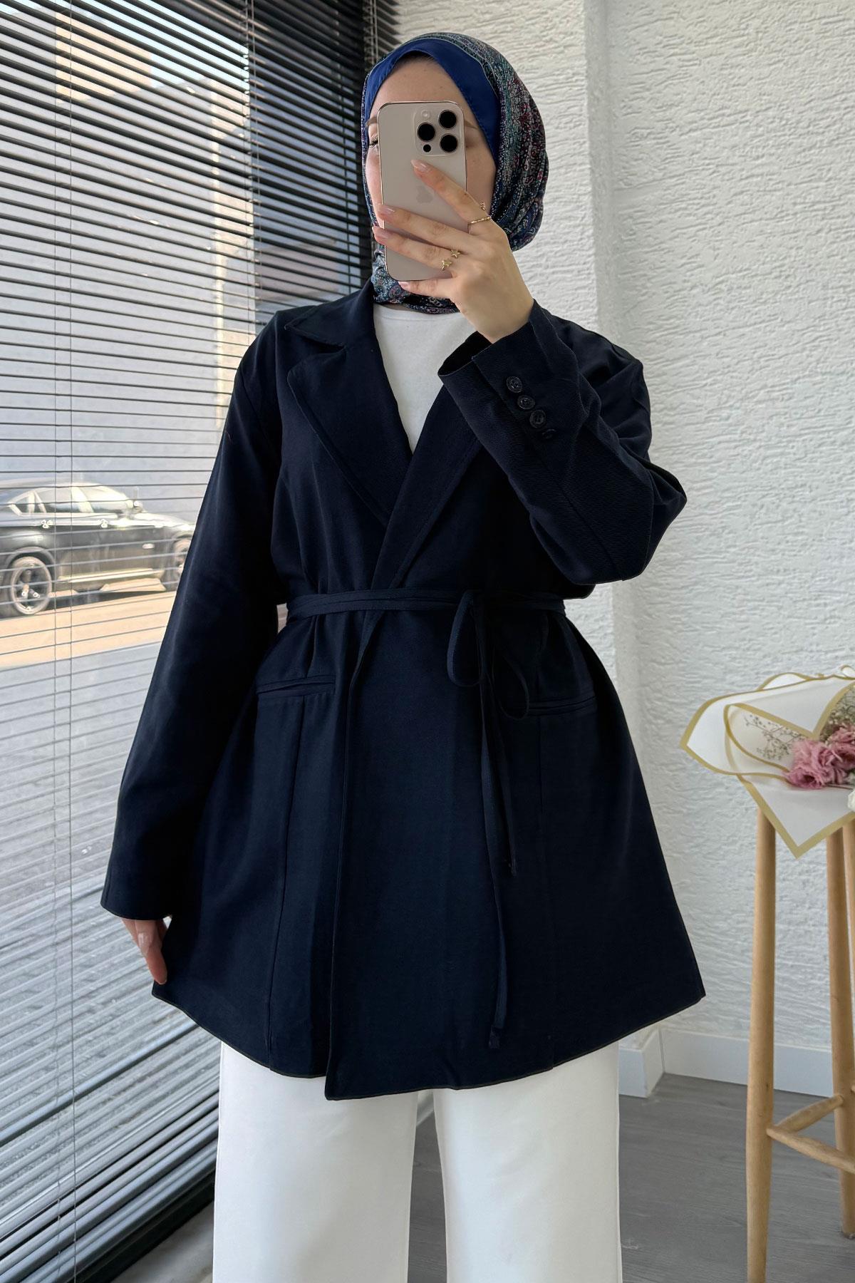Belden Bağlamalı Keten Blazer Ceket –Lacivert