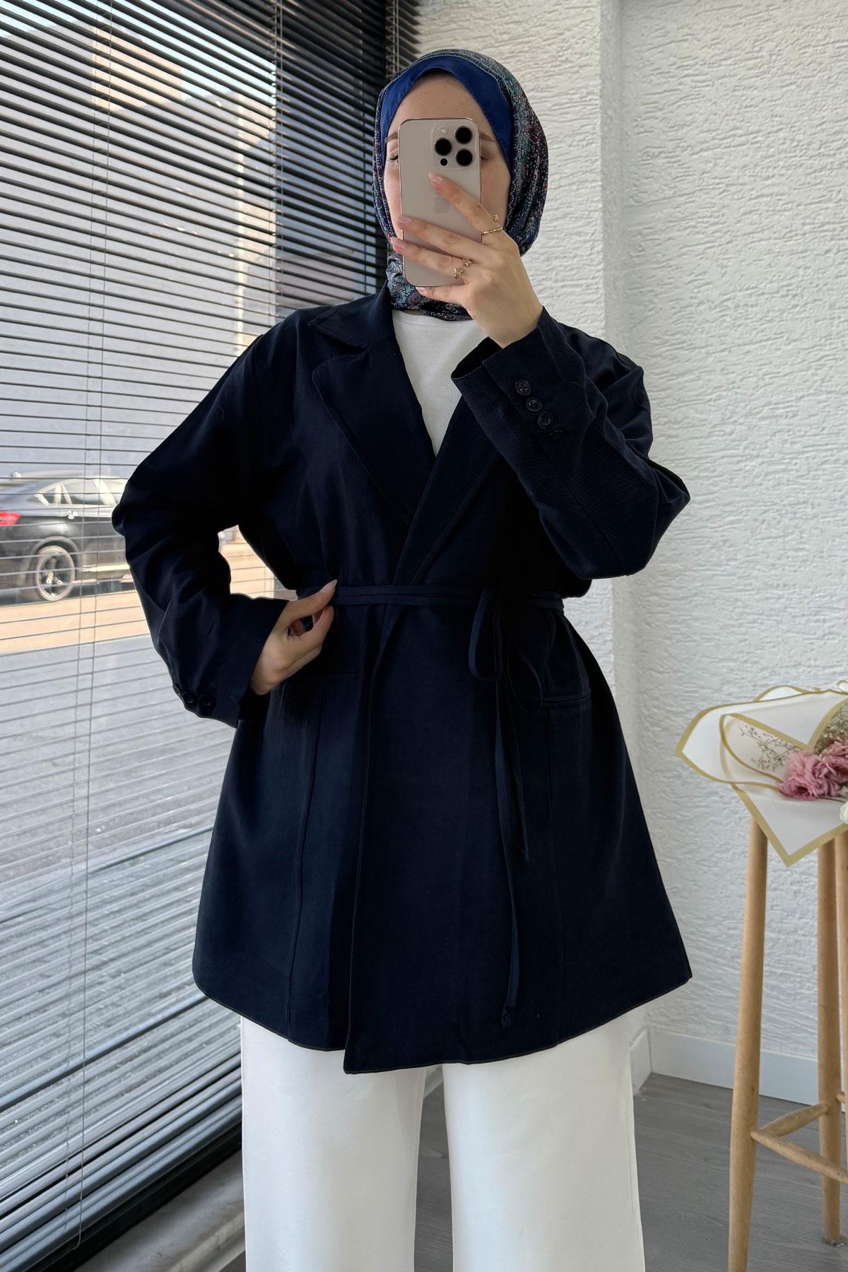 Belden Bağlamalı Keten Blazer Ceket –Lacivert