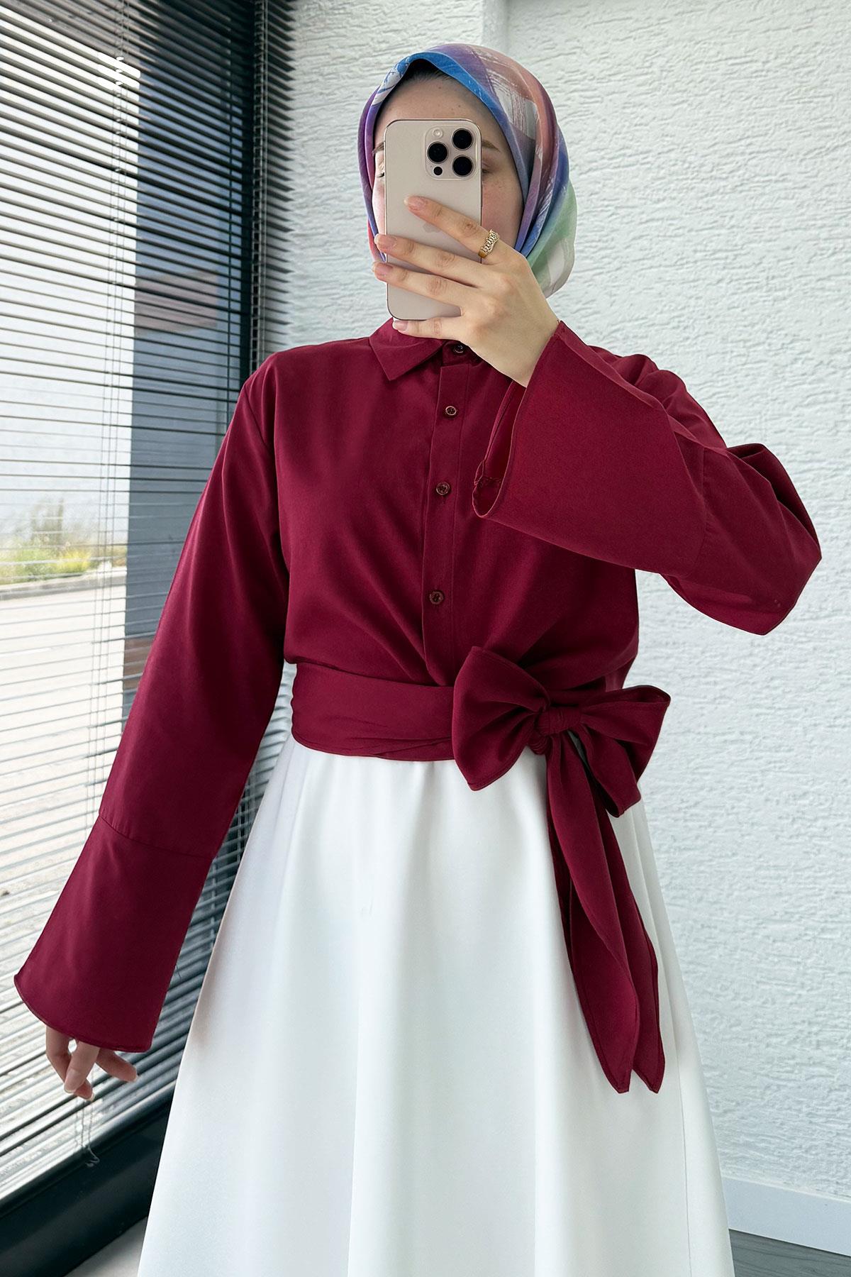 Belden Bağlamalı Poplin Gömlek - Bordo