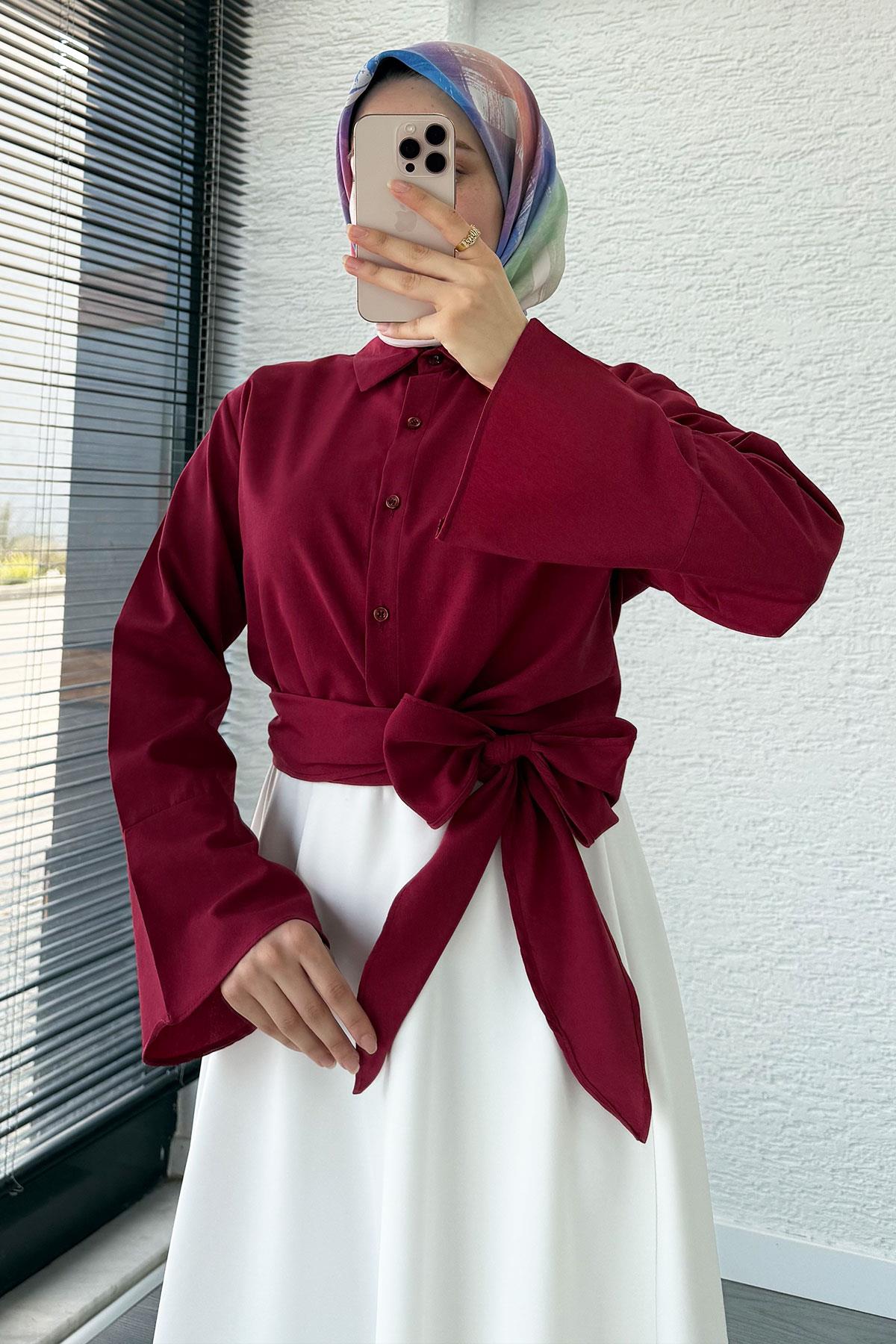 Belden Bağlamalı Poplin Gömlek - Bordo