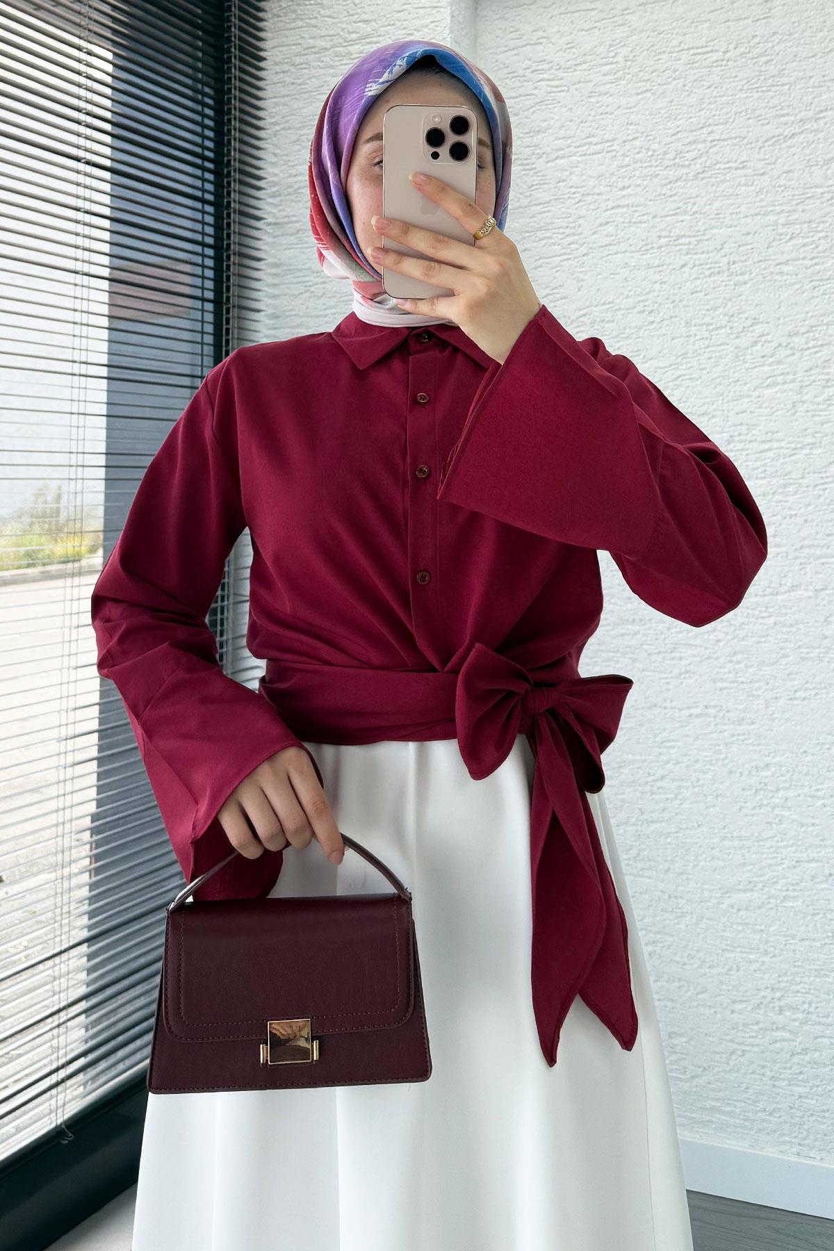 Belden Bağlamalı Poplin Gömlek - Bordo