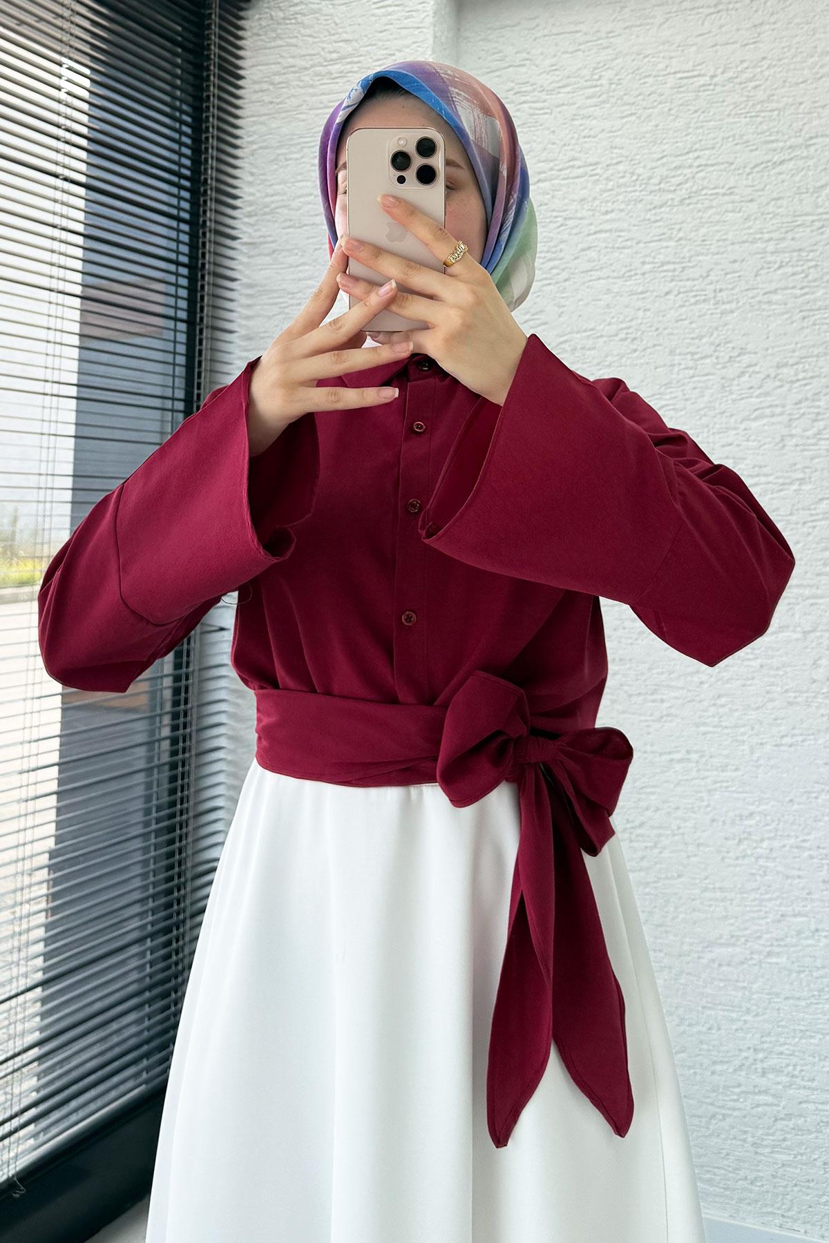 Belden Bağlamalı Poplin Gömlek - Bordo