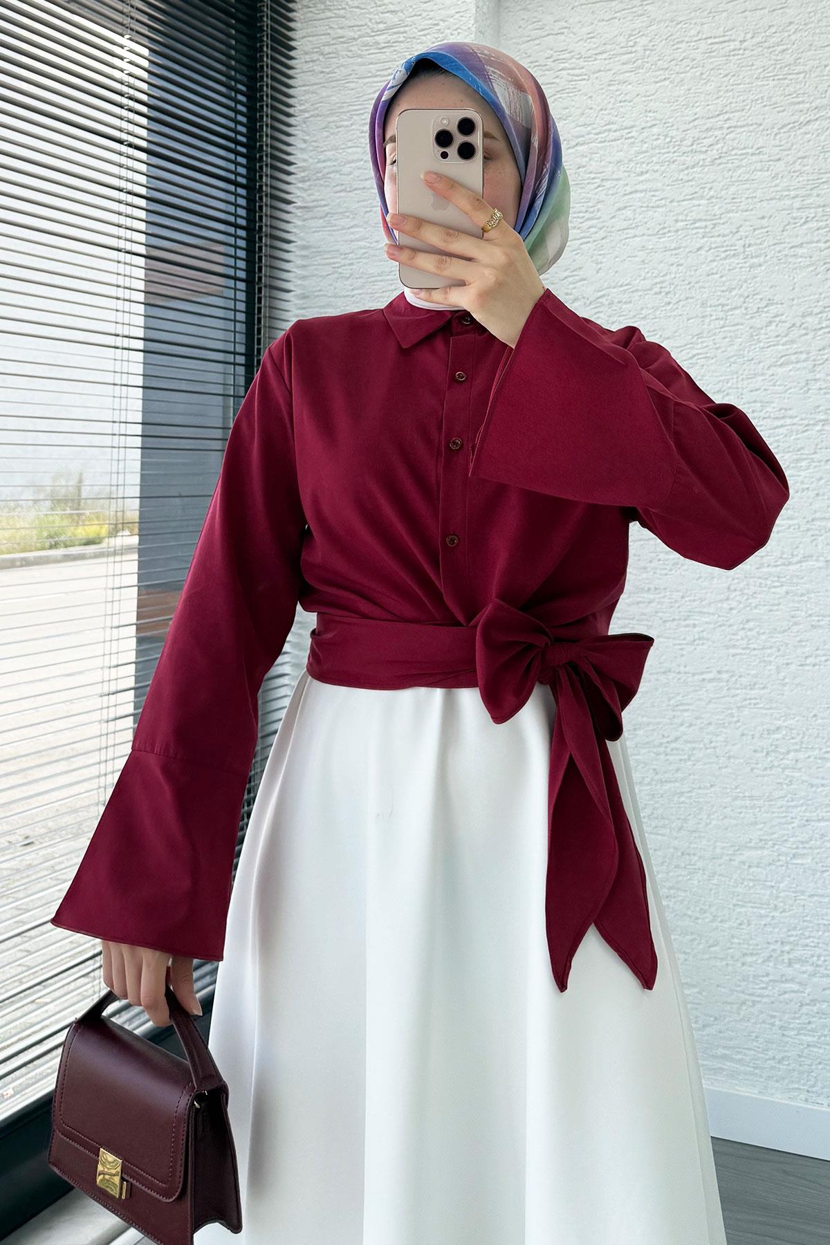 Belden Bağlamalı Poplin Gömlek - Bordo