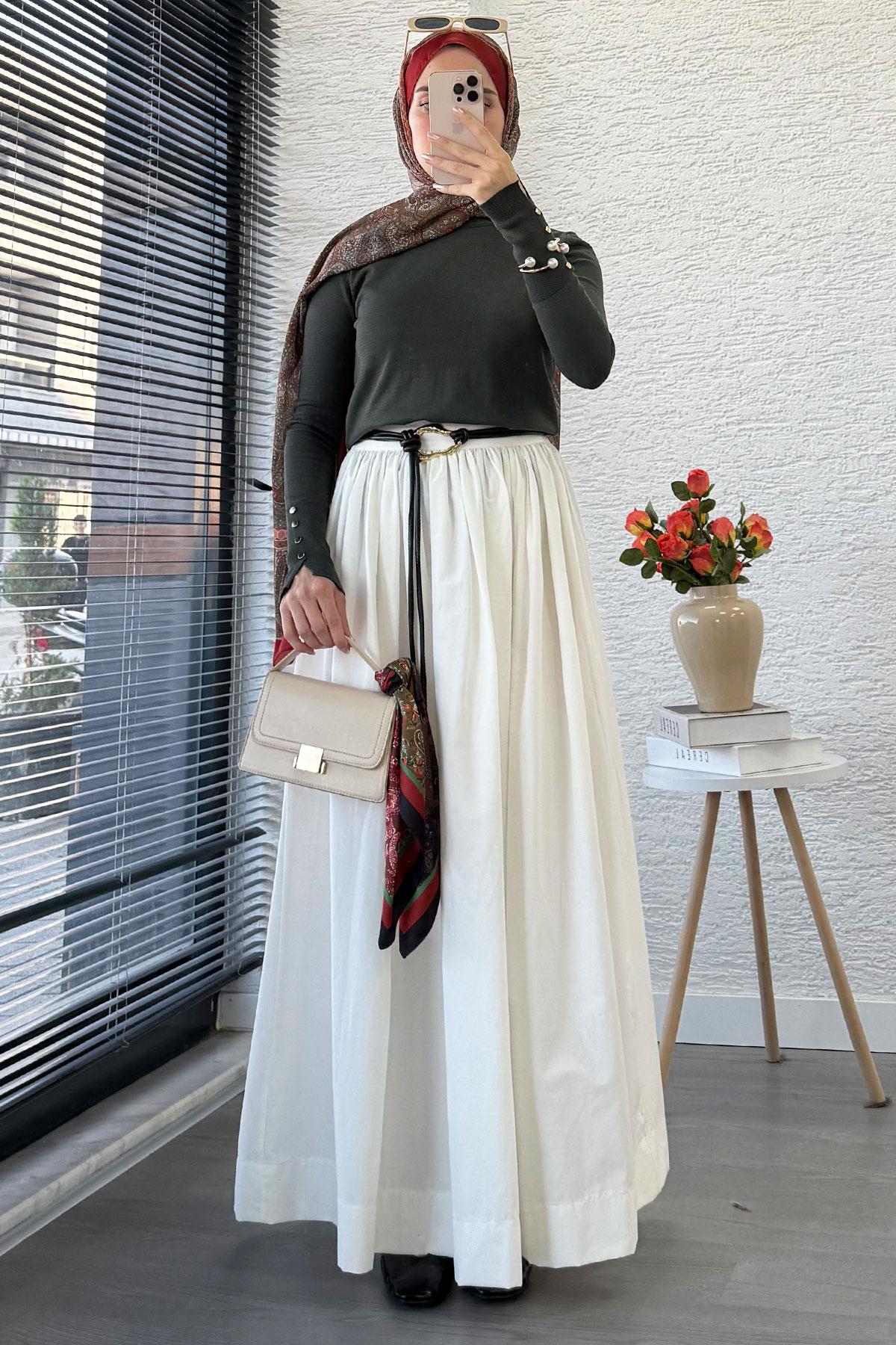 Beli Lastikli Gabardin Kloş Etek – Beyaz