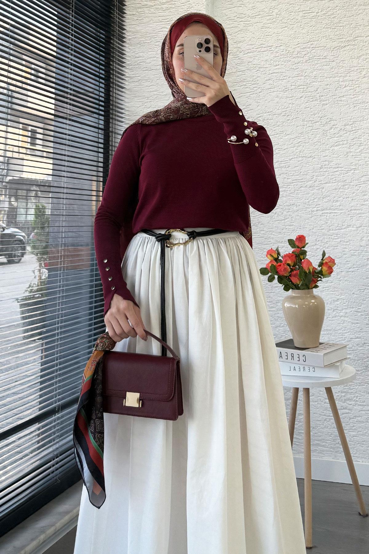 Beli Lastikli Gabardin Kloş Etek – Beyaz