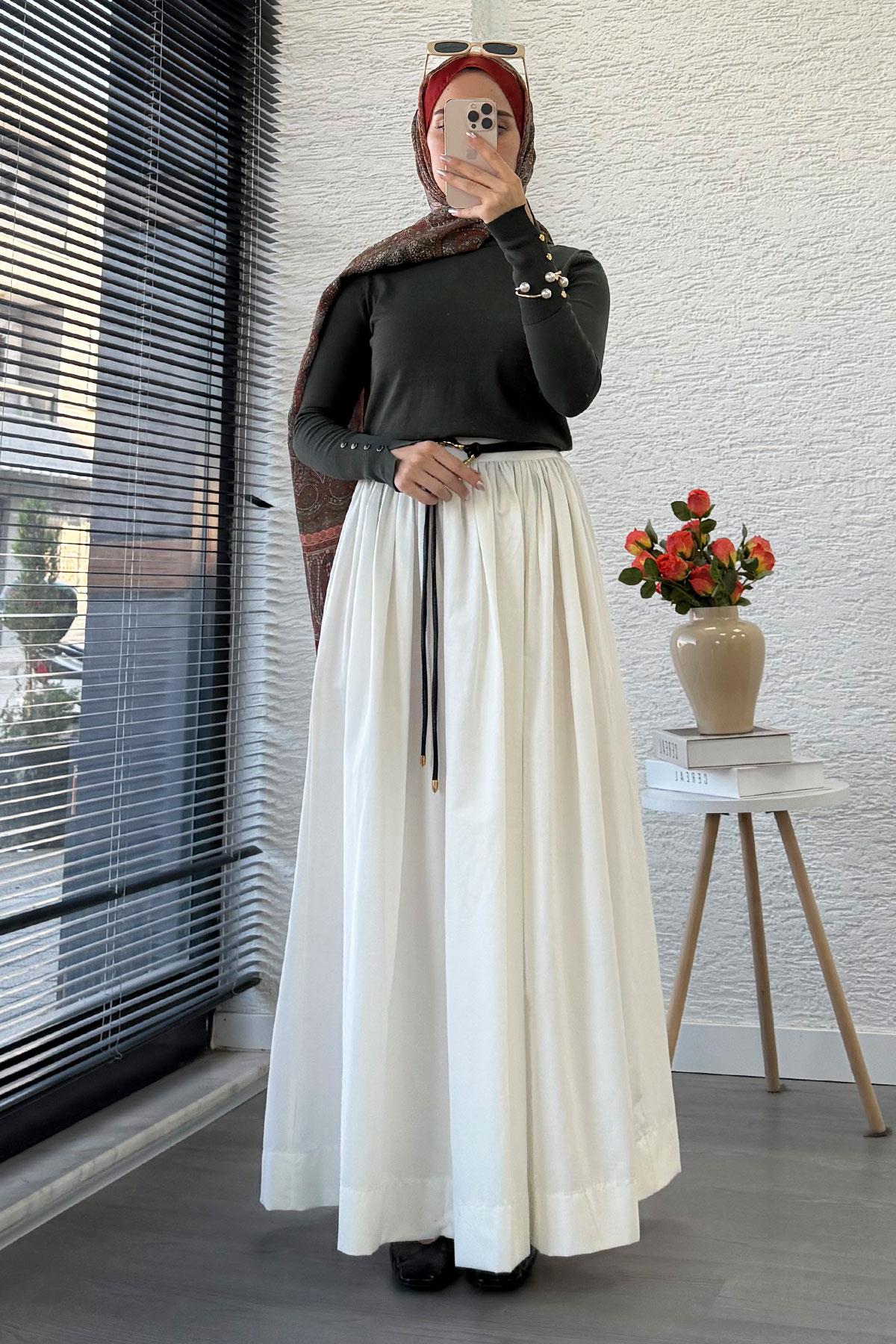 Beli Lastikli Gabardin Kloş Etek – Beyaz