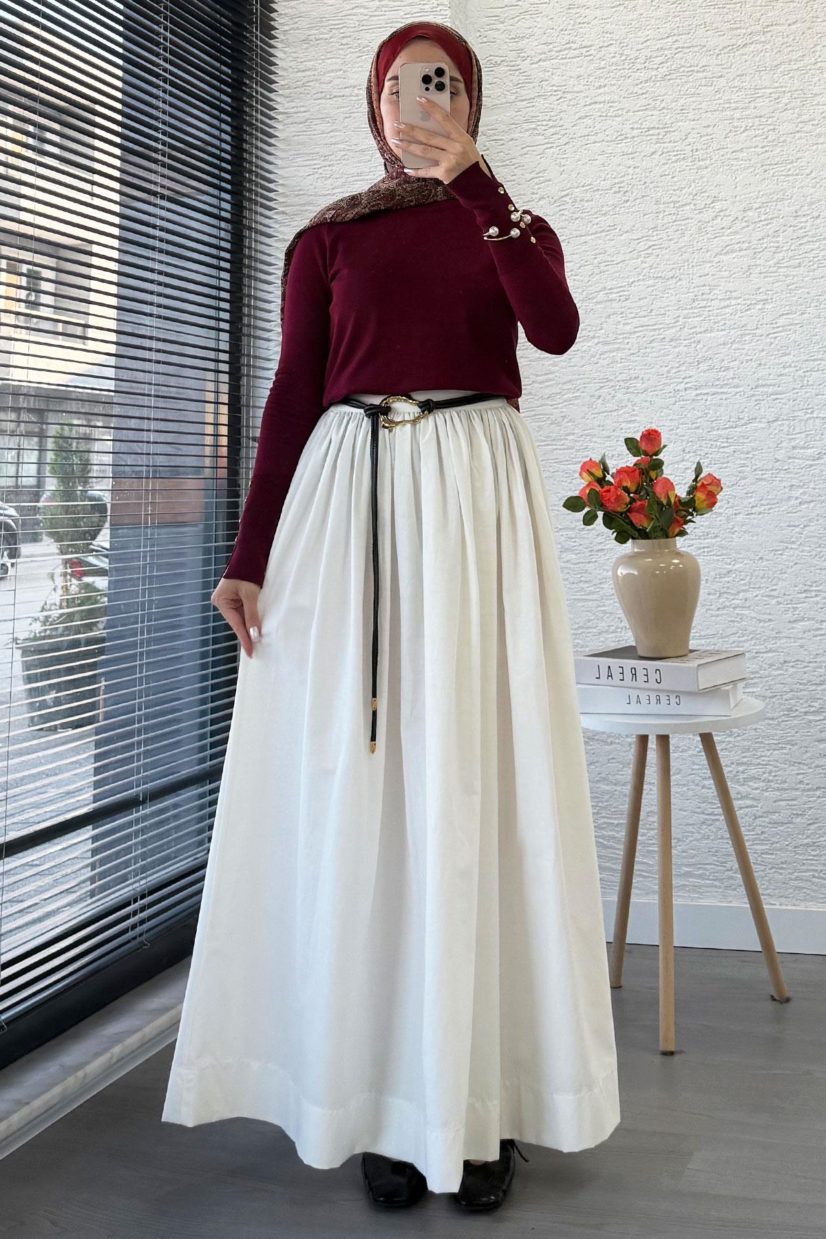 Beli Lastikli Gabardin Kloş Etek – Beyaz