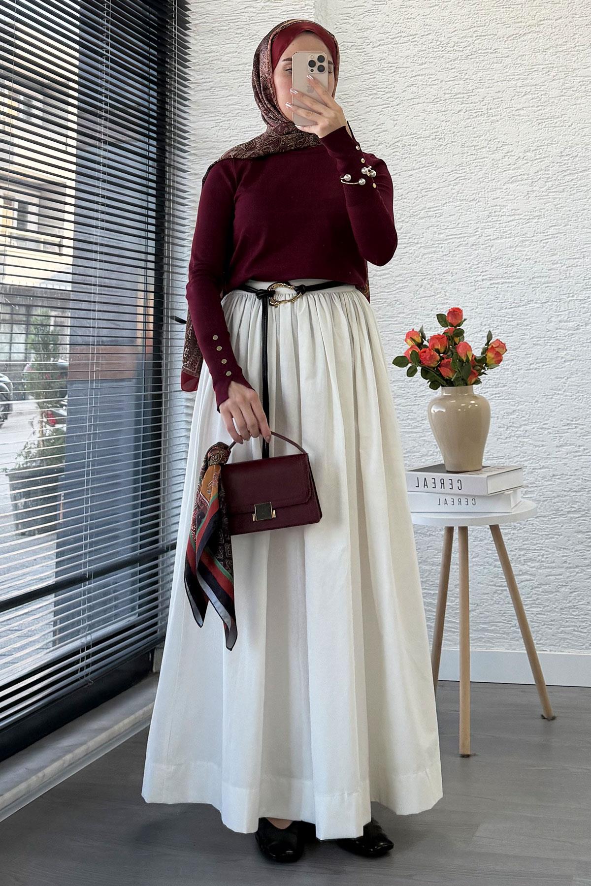 Beli Lastikli Gabardin Kloş Etek – Beyaz