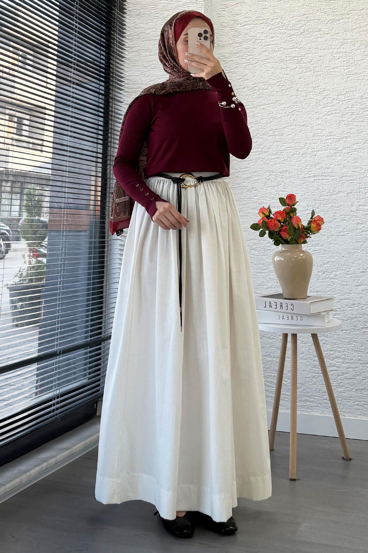 Beli Lastikli Gabardin Kloş Etek – Beyaz