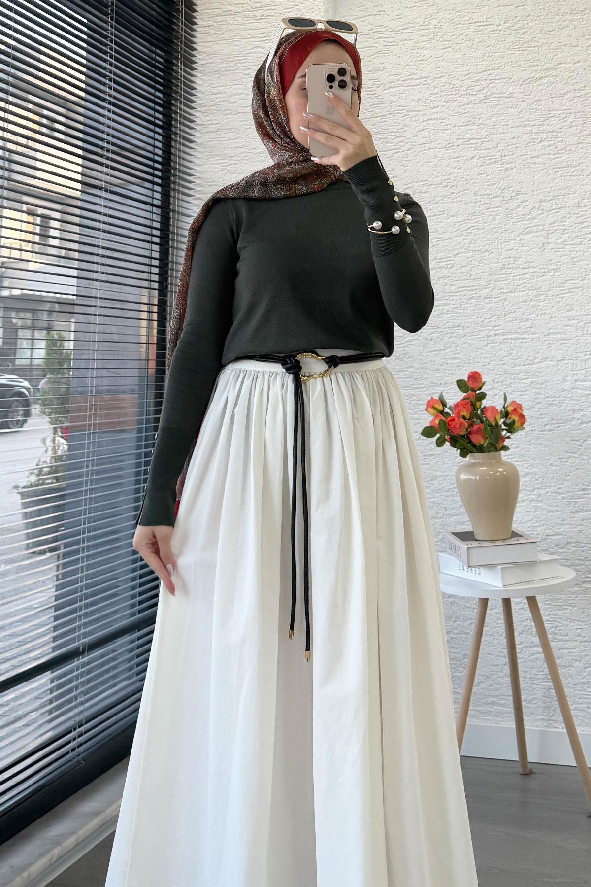 Beli Lastikli Gabardin Kloş Etek – Beyaz