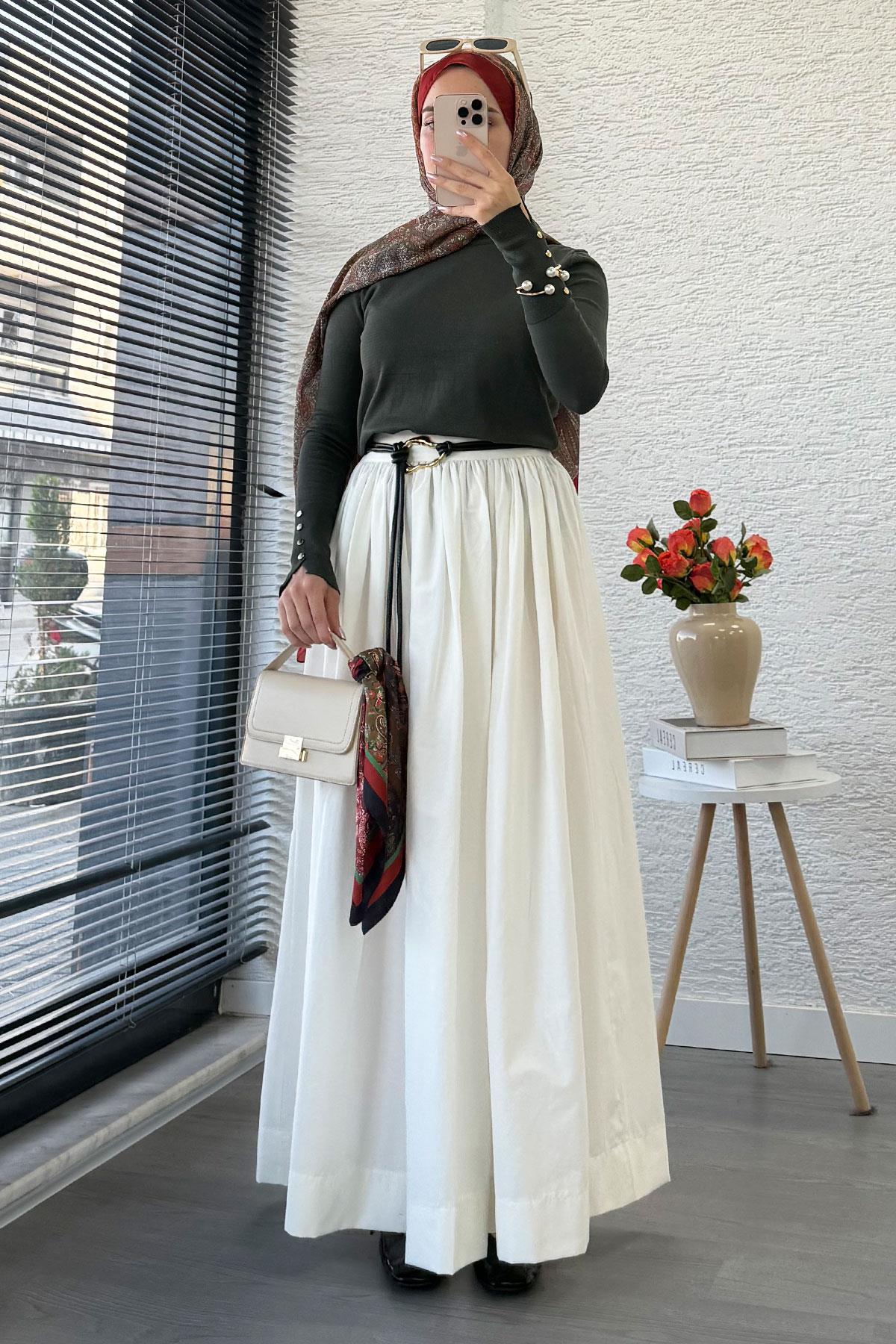 Beli Lastikli Gabardin Kloş Etek – Beyaz