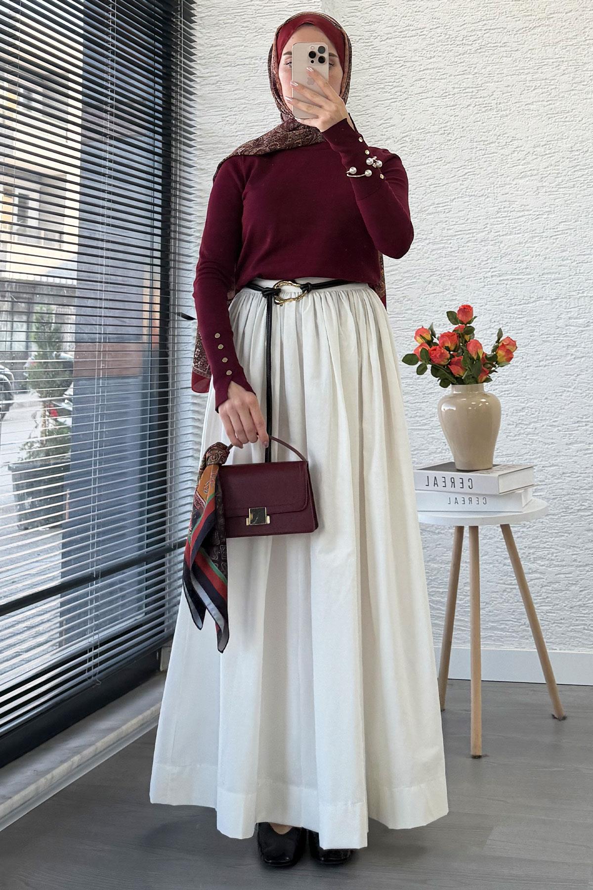 Beli Lastikli Gabardin Kloş Etek – Beyaz