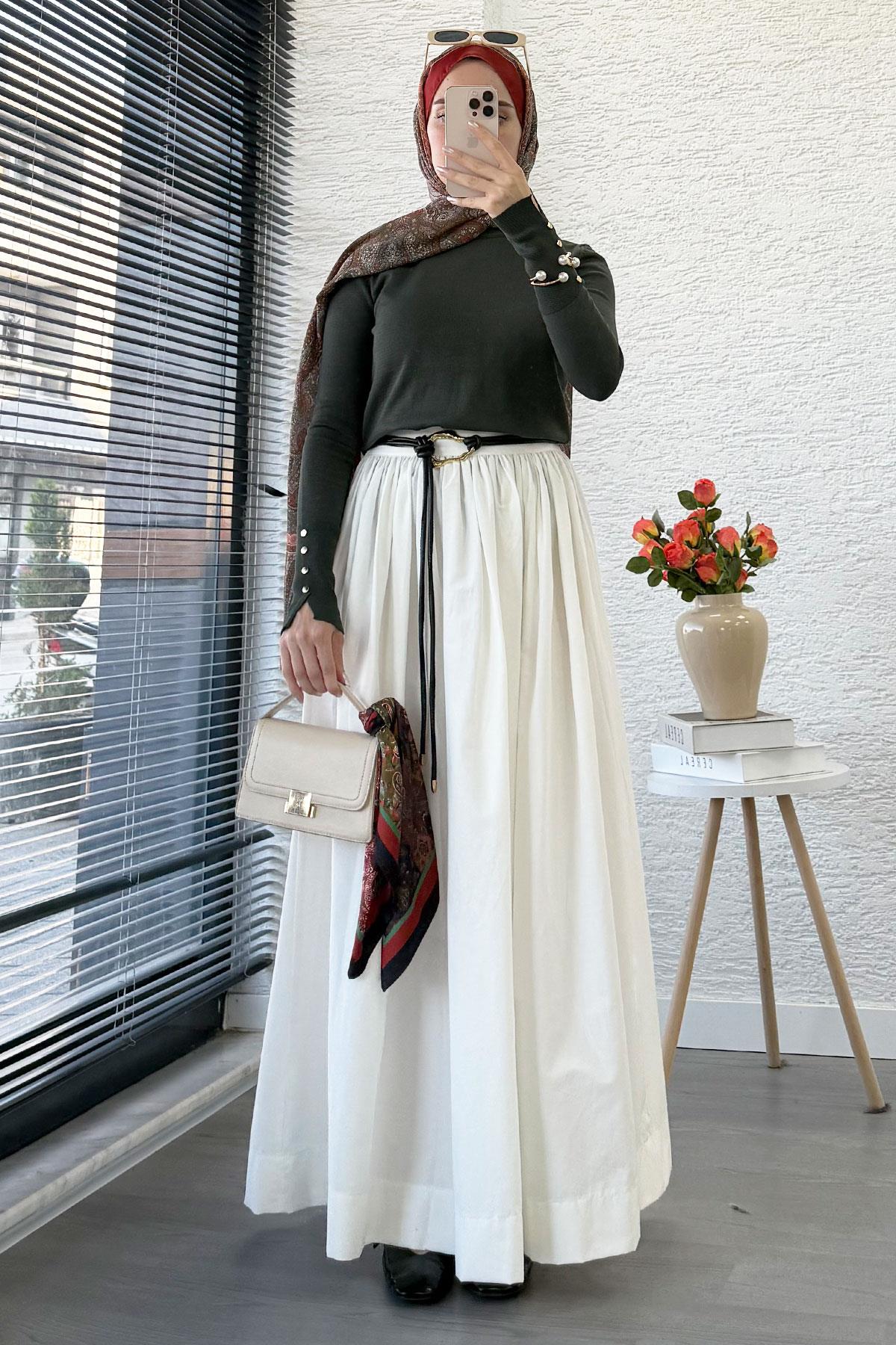 Beli Lastikli Gabardin Kloş Etek – Beyaz