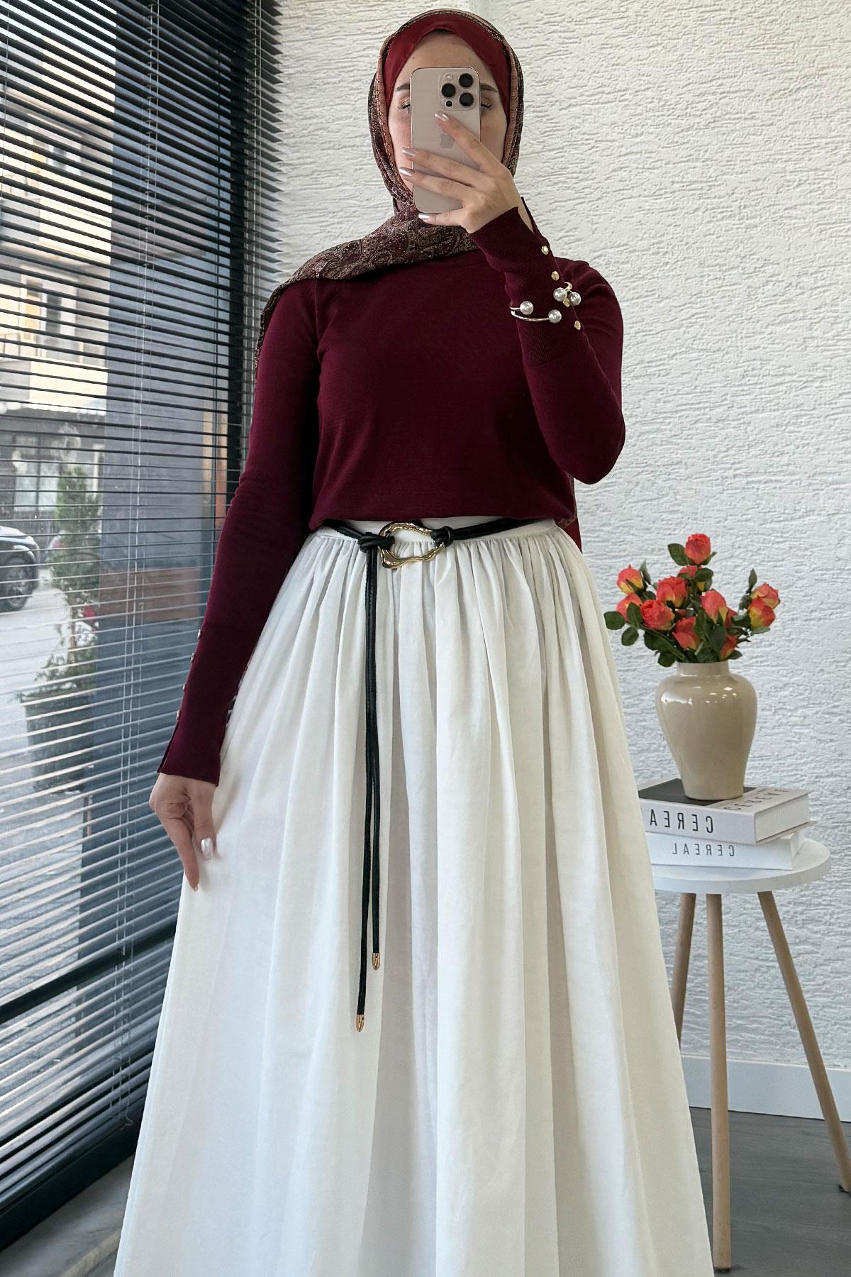 Beli Lastikli Gabardin Kloş Etek – Beyaz