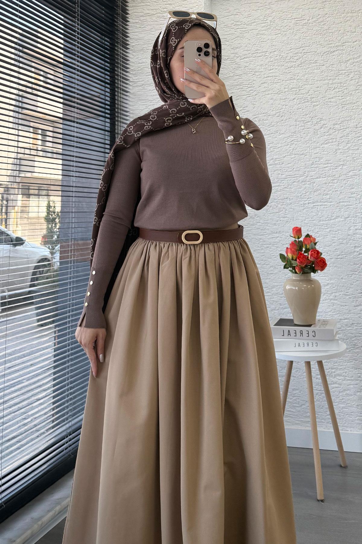 Beli Lastikli Gabardin Kloş Etek – Camel