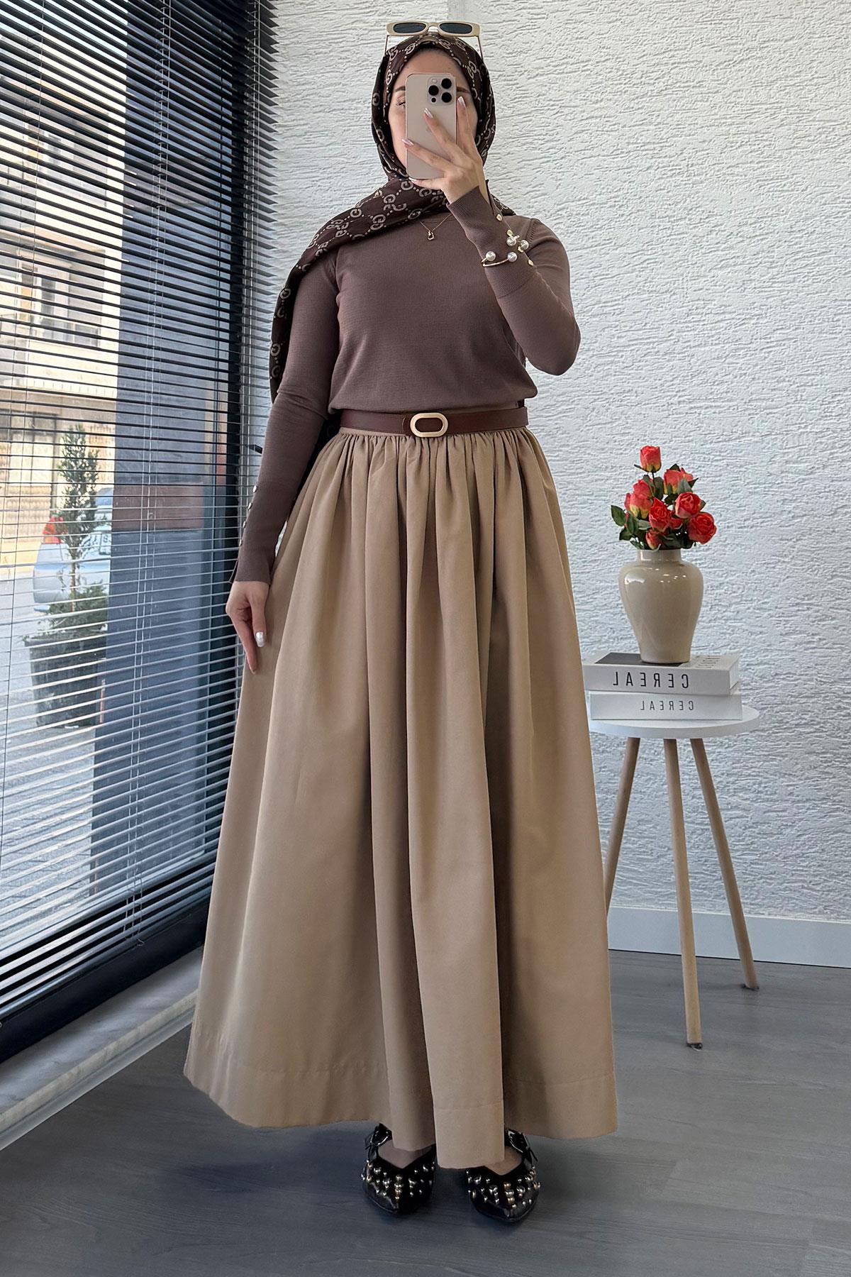 Beli Lastikli Gabardin Kloş Etek – Camel