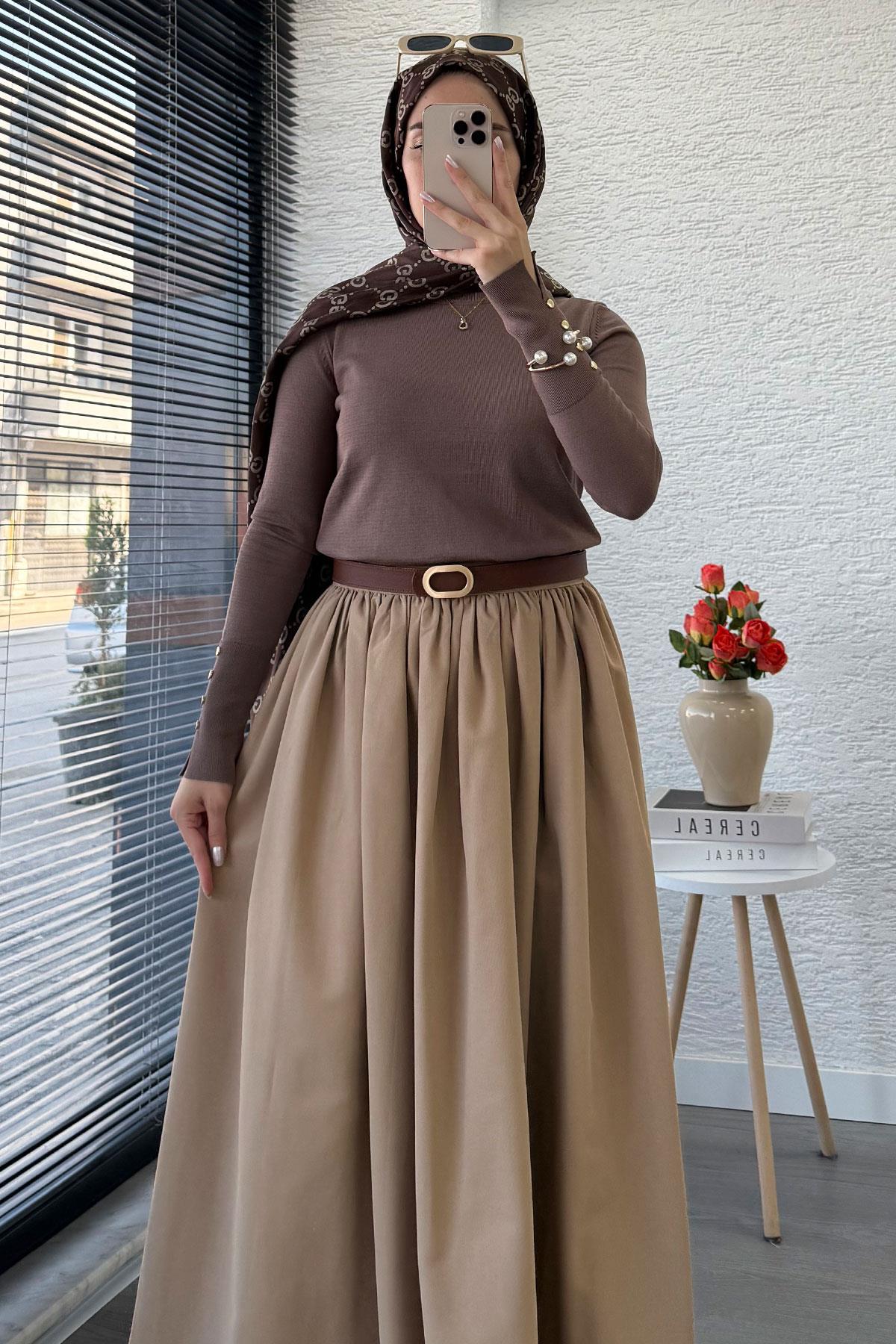 Beli Lastikli Gabardin Kloş Etek – Camel