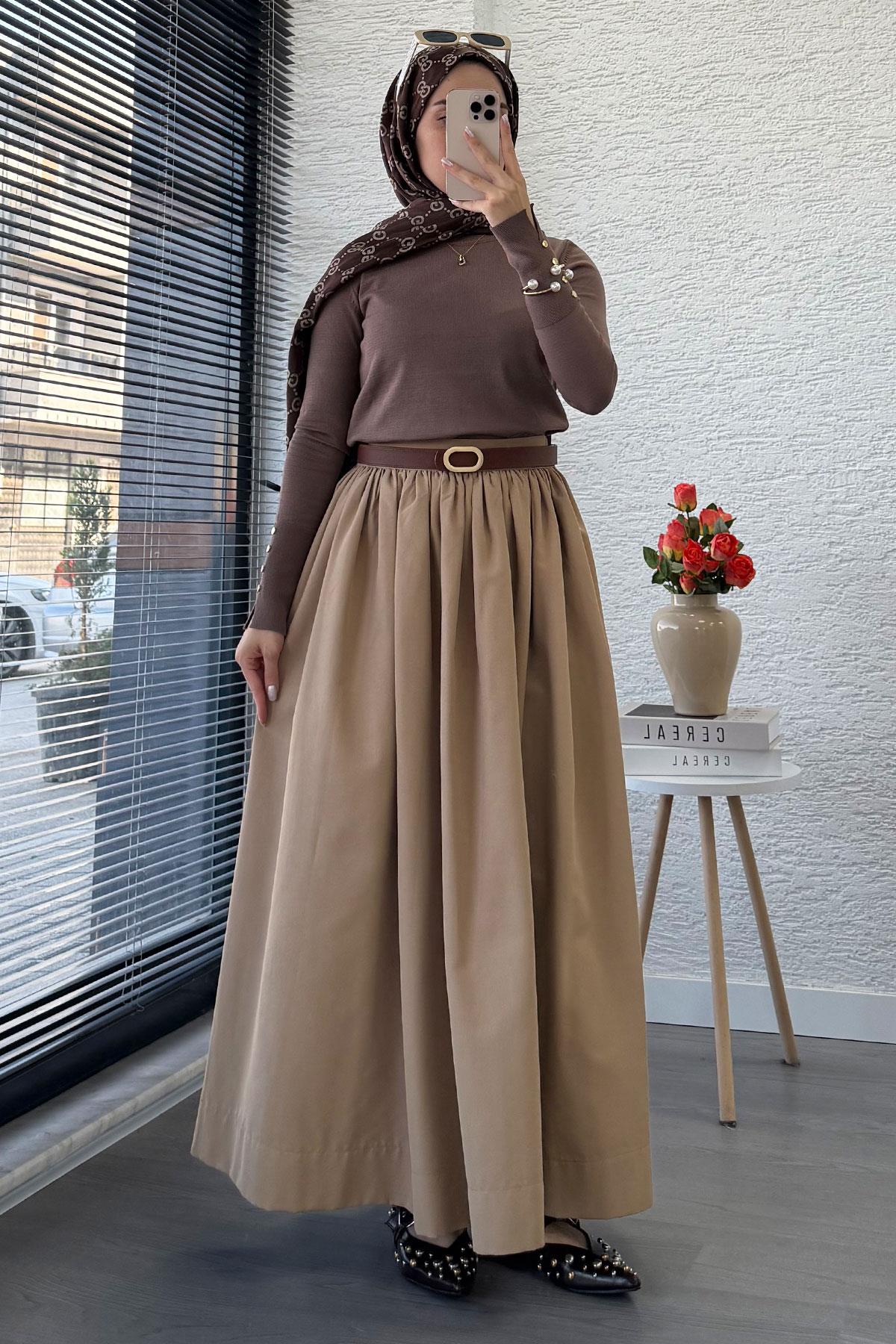 Beli Lastikli Gabardin Kloş Etek – Camel