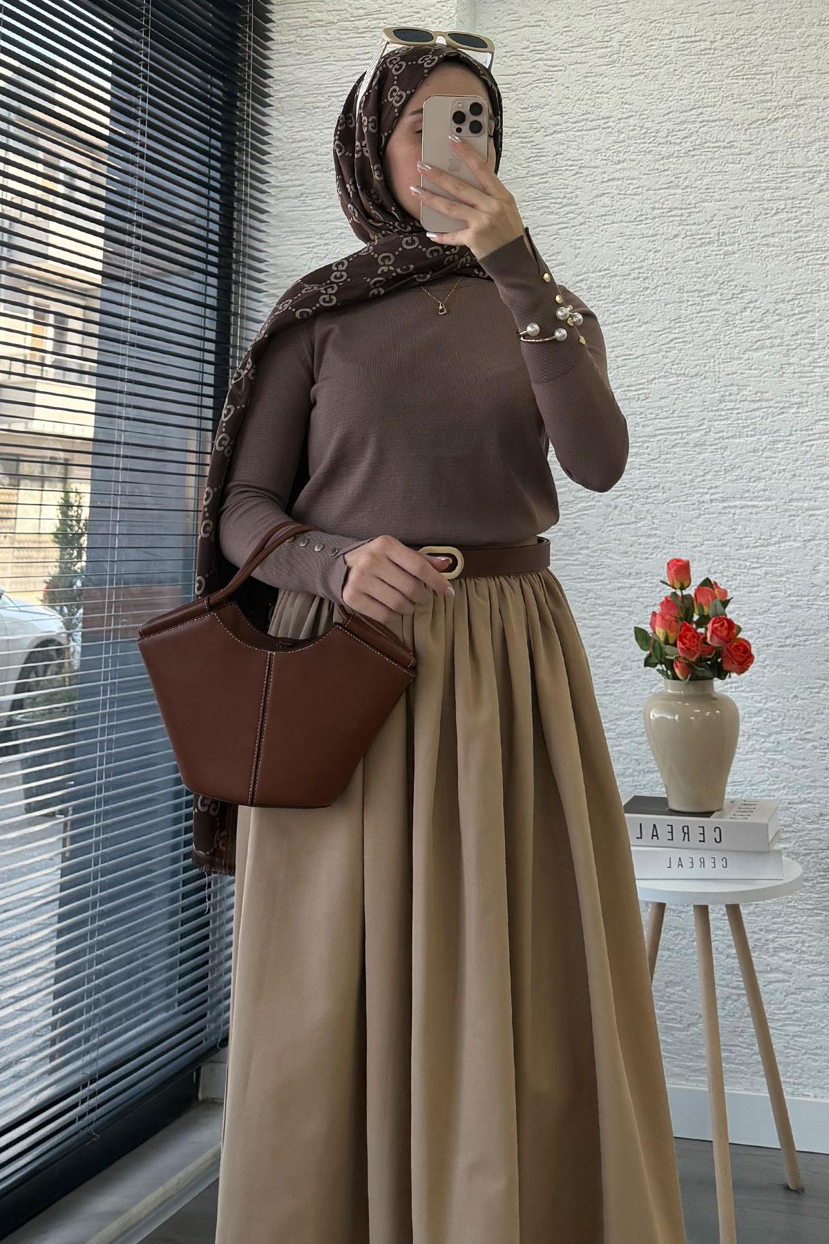 Beli Lastikli Gabardin Kloş Etek – Camel