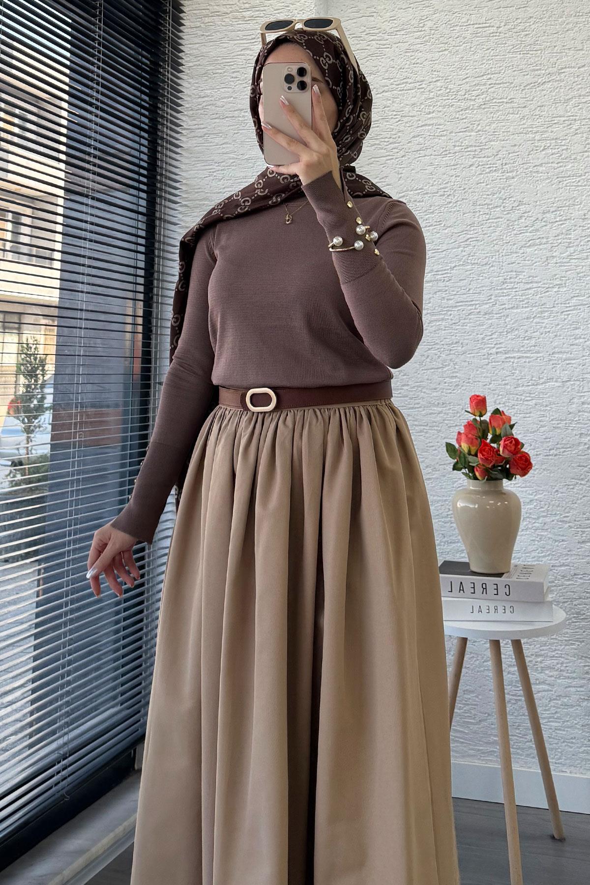 Beli Lastikli Gabardin Kloş Etek – Camel
