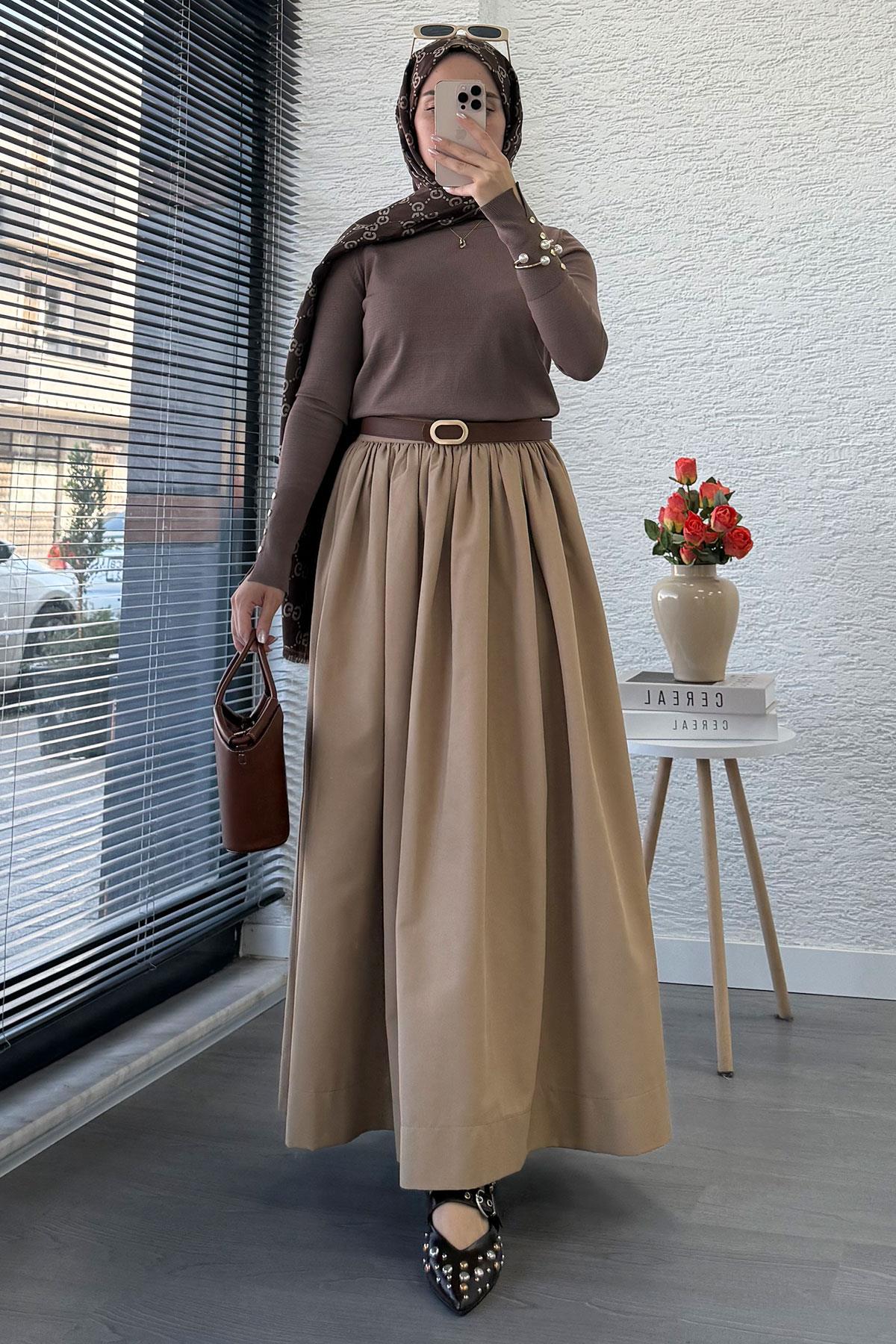 Beli Lastikli Gabardin Kloş Etek – Camel