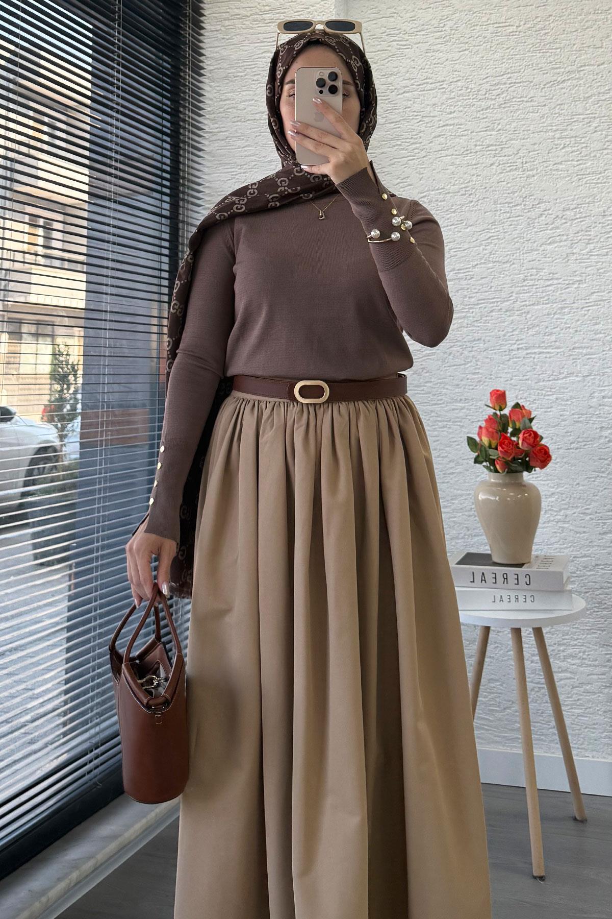 Beli Lastikli Gabardin Kloş Etek – Camel