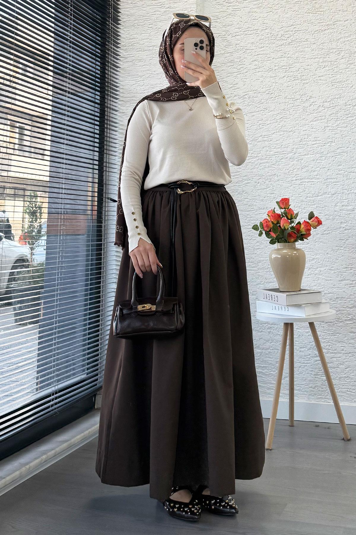 Beli Lastikli Gabardin Kloş Etek – Kahverengi