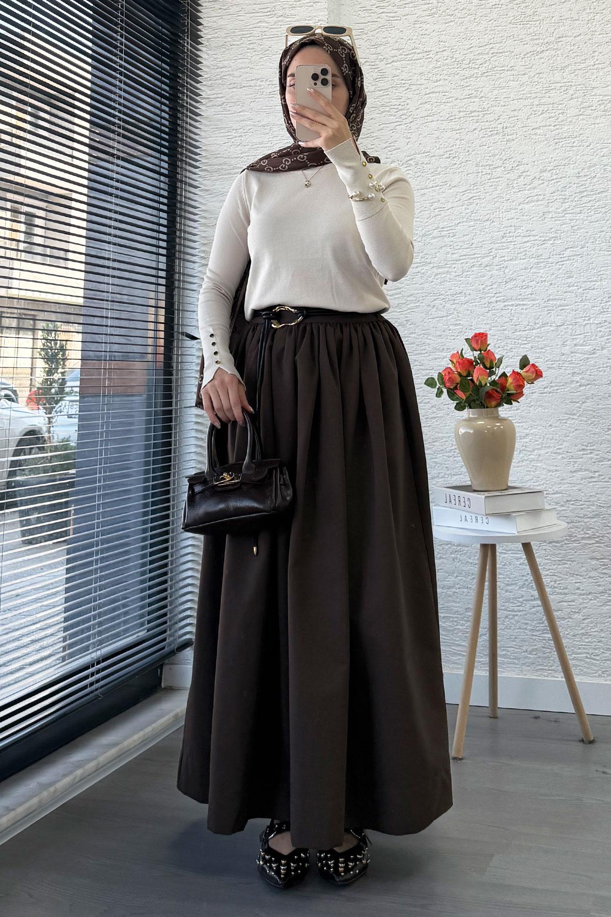 Beli Lastikli Gabardin Kloş Etek – Kahverengi