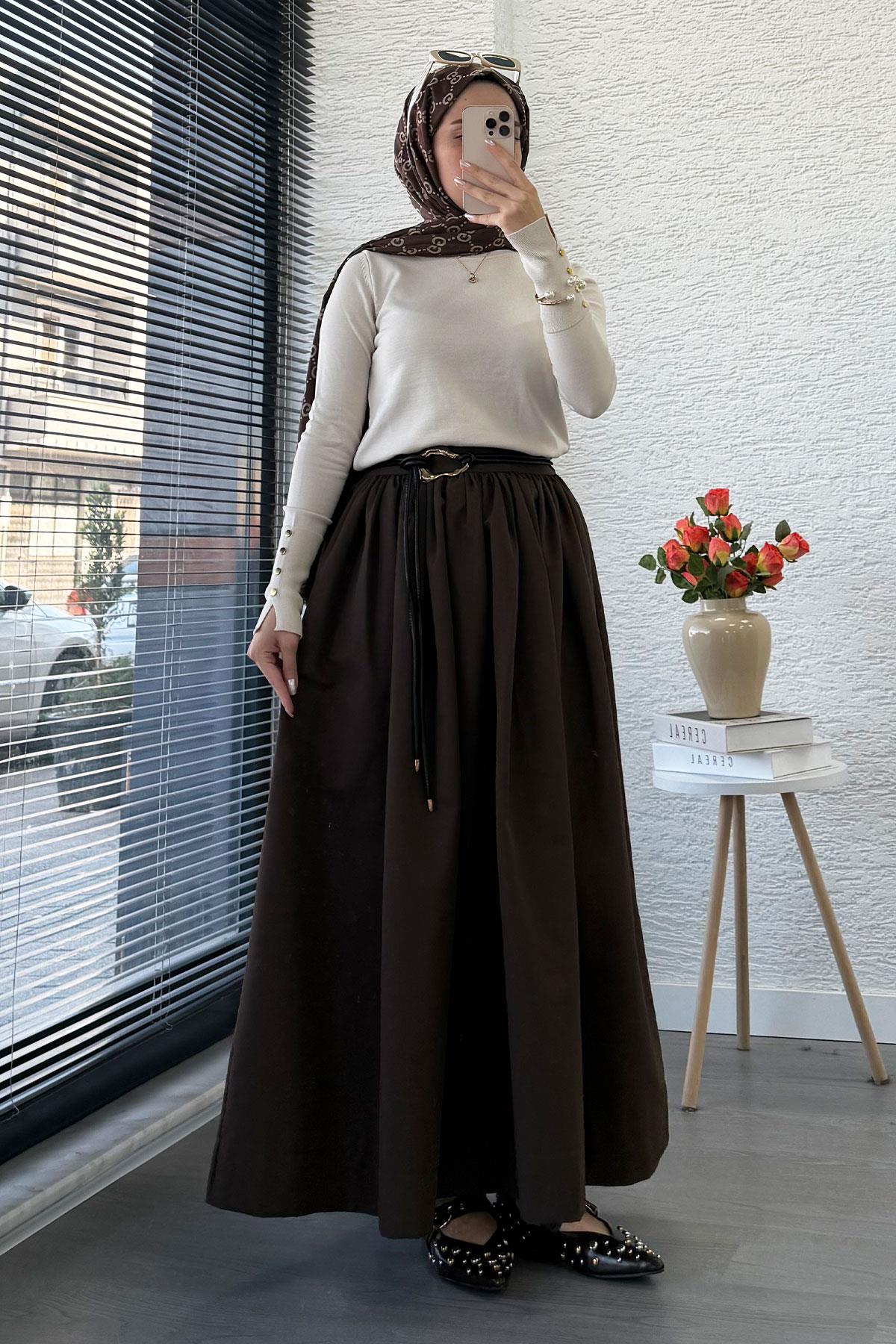 Beli Lastikli Gabardin Kloş Etek – Kahverengi
