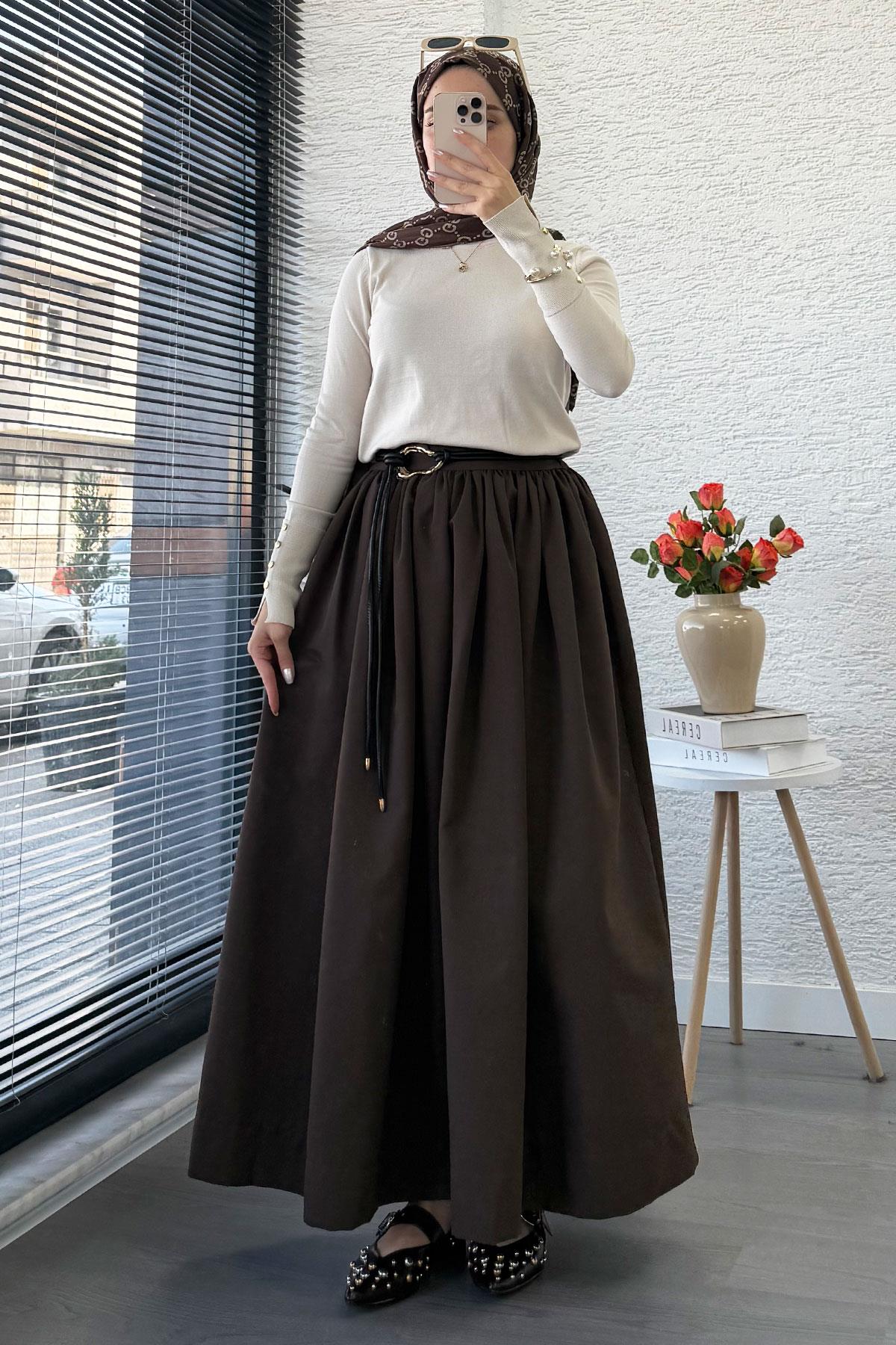 Beli Lastikli Gabardin Kloş Etek – Kahverengi