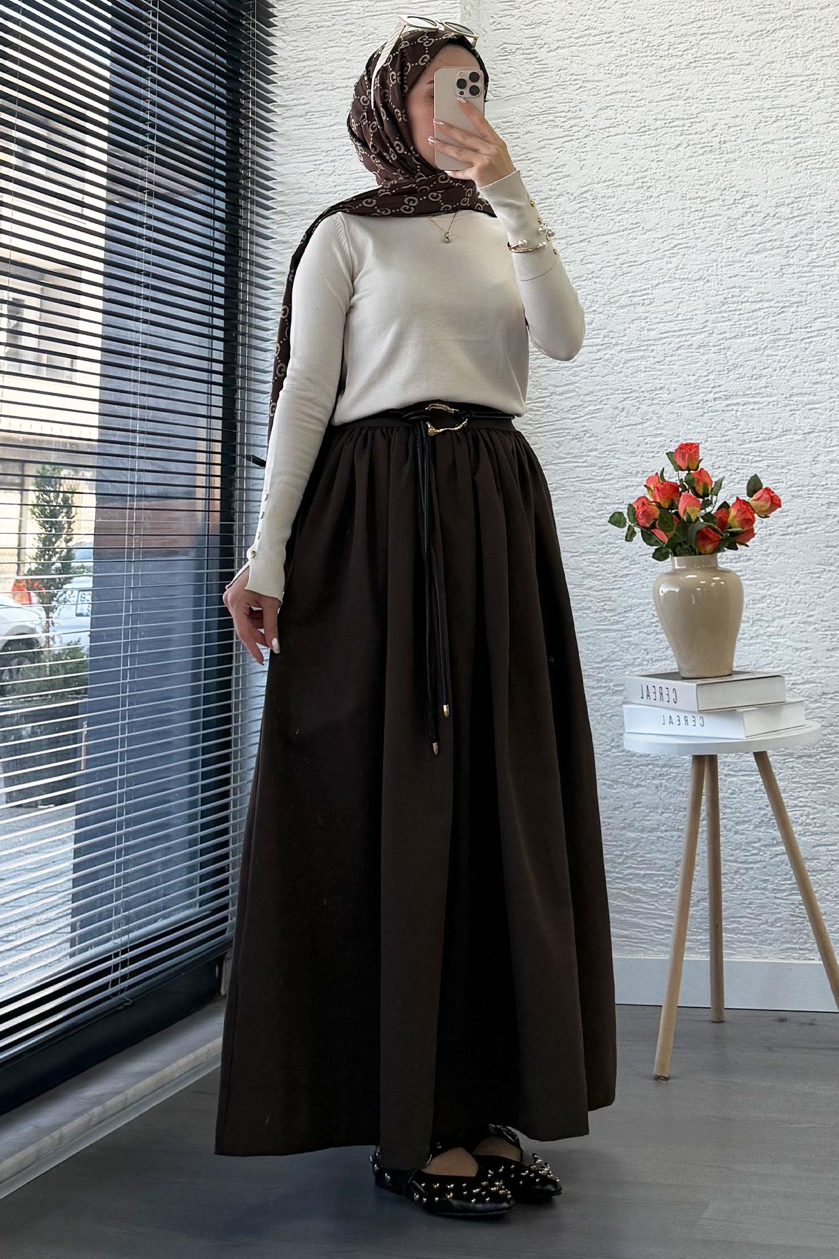 Beli Lastikli Gabardin Kloş Etek – Kahverengi