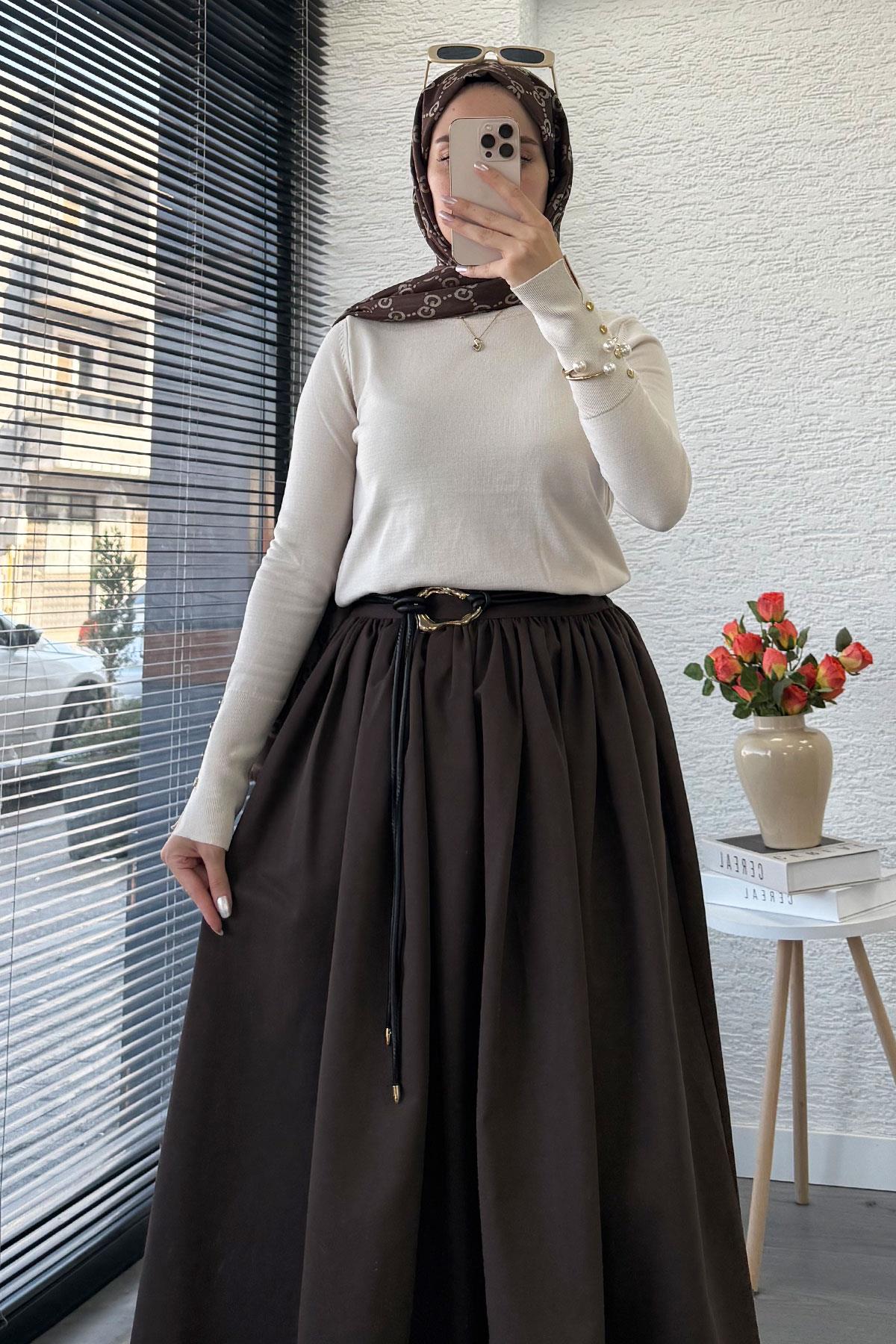 Beli Lastikli Gabardin Kloş Etek – Kahverengi