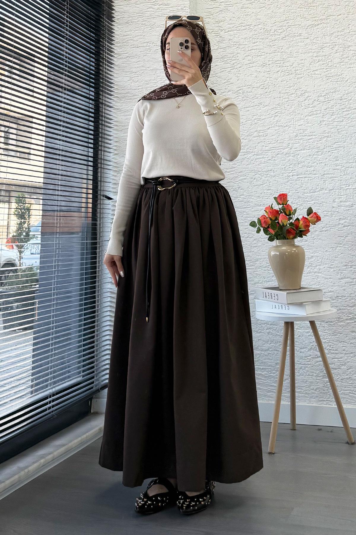 Beli Lastikli Gabardin Kloş Etek – Kahverengi