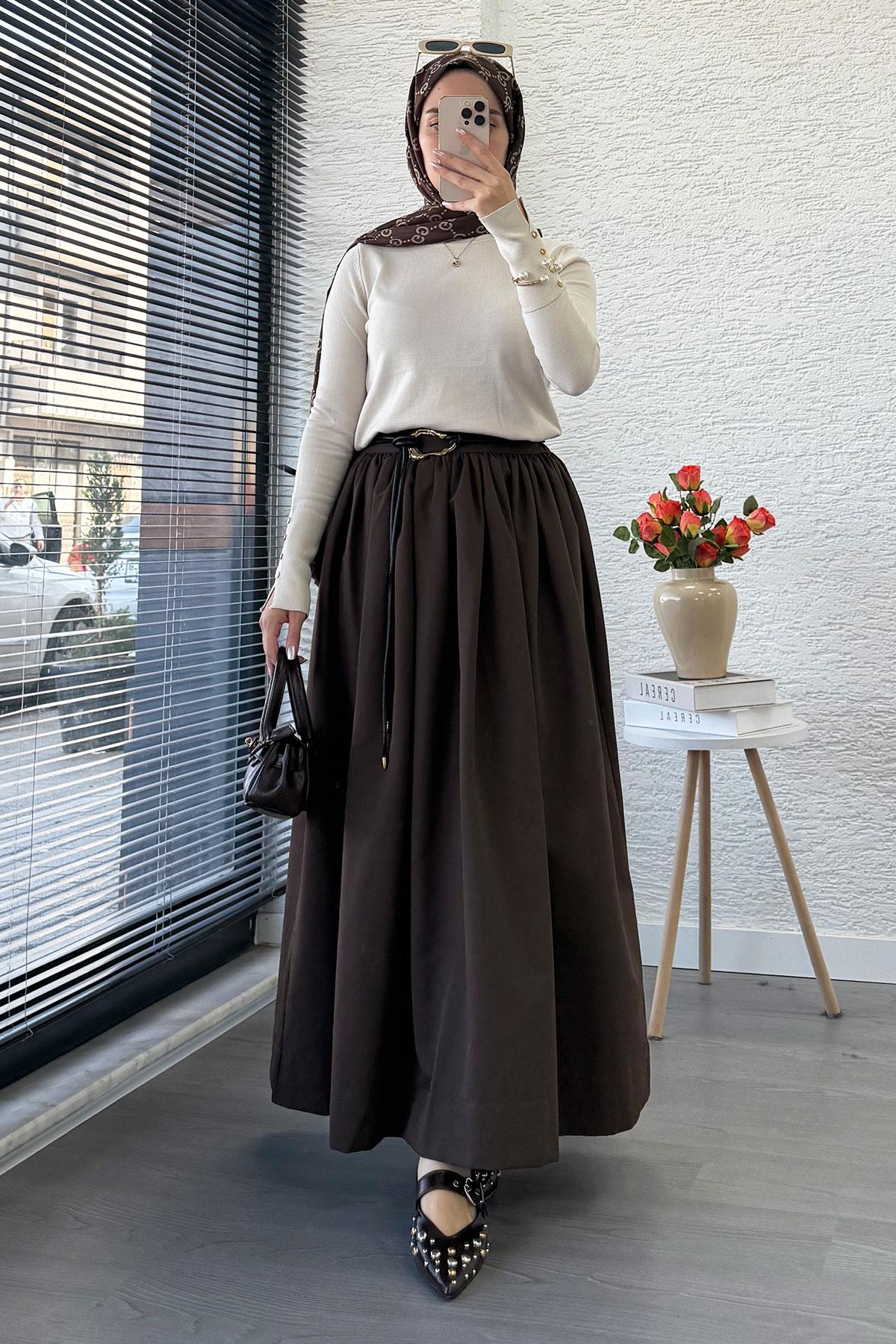 Beli Lastikli Gabardin Kloş Etek – Kahverengi