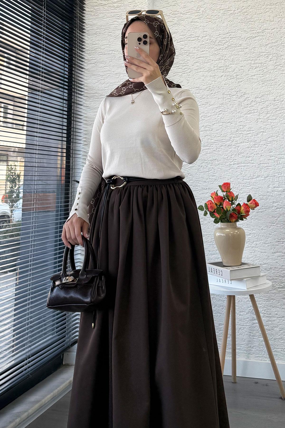 Beli Lastikli Gabardin Kloş Etek – Kahverengi