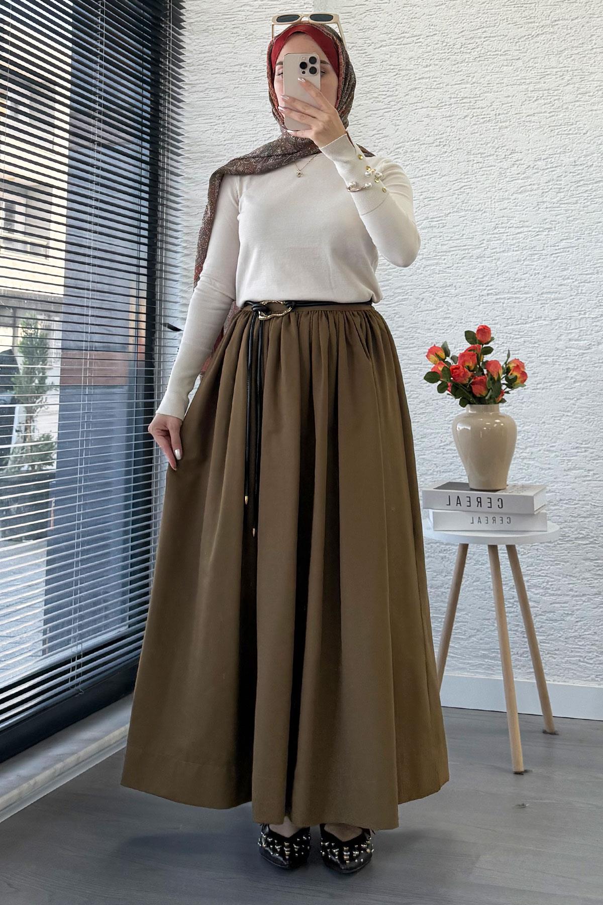 Beli Lastikli Gabardin Kloş Etek – Olive