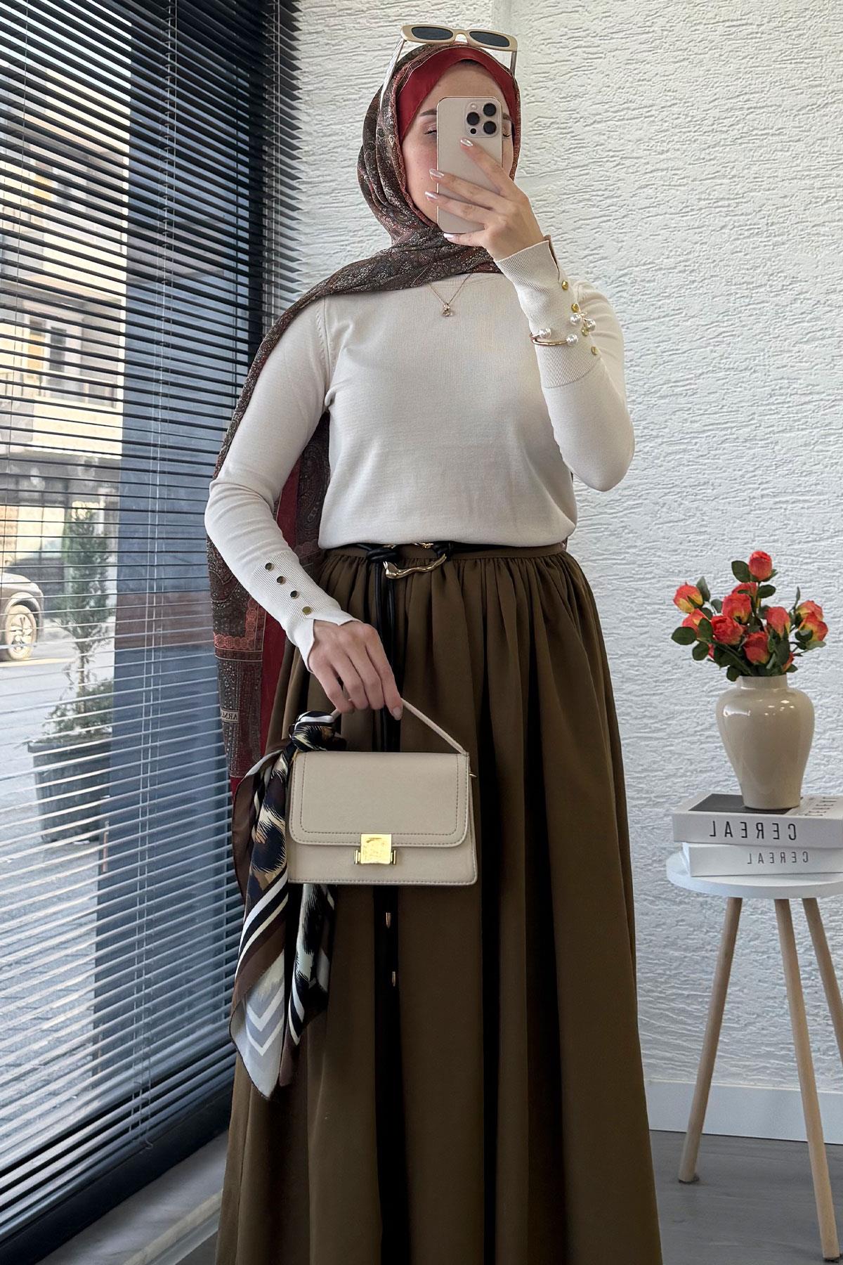 Beli Lastikli Gabardin Kloş Etek – Olive