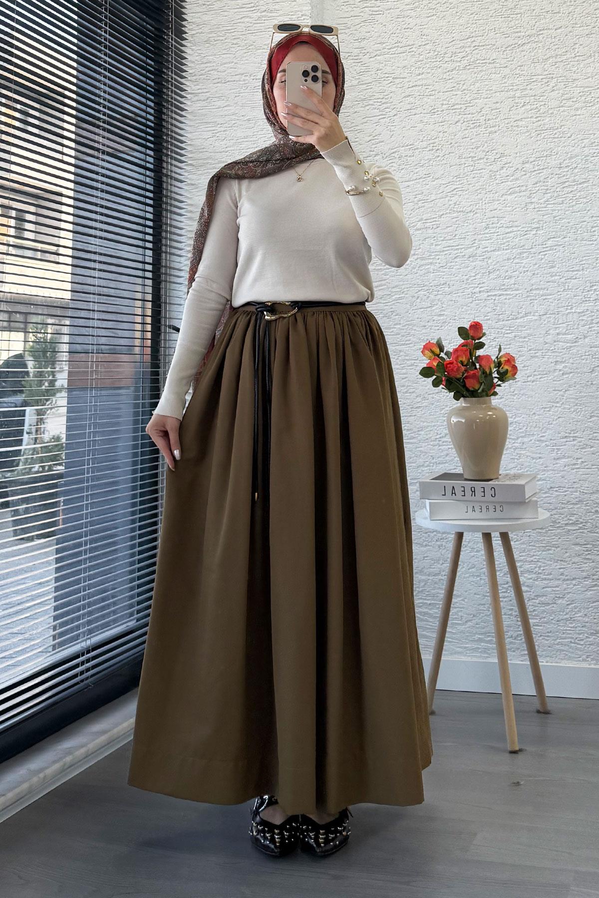 Beli Lastikli Gabardin Kloş Etek – Olive