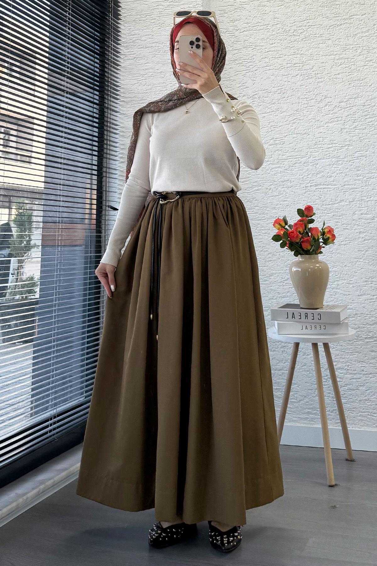 Beli Lastikli Gabardin Kloş Etek – Olive