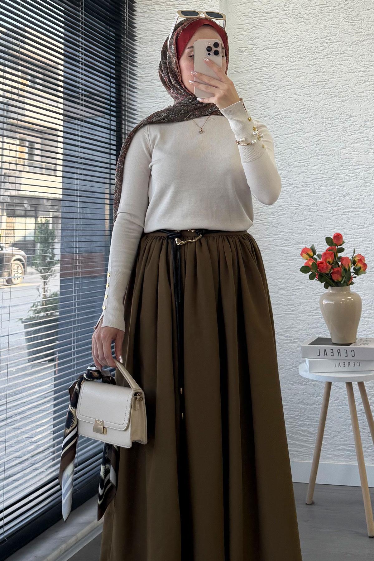 Beli Lastikli Gabardin Kloş Etek – Olive