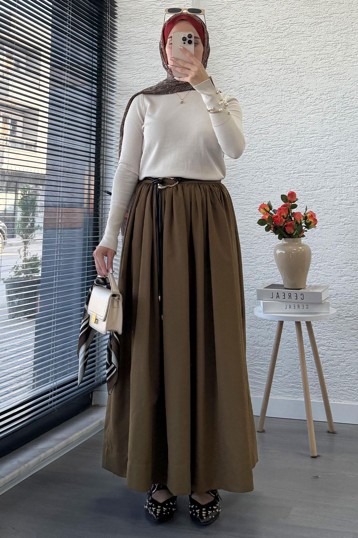 Beli Lastikli Gabardin Kloş Etek – Olive