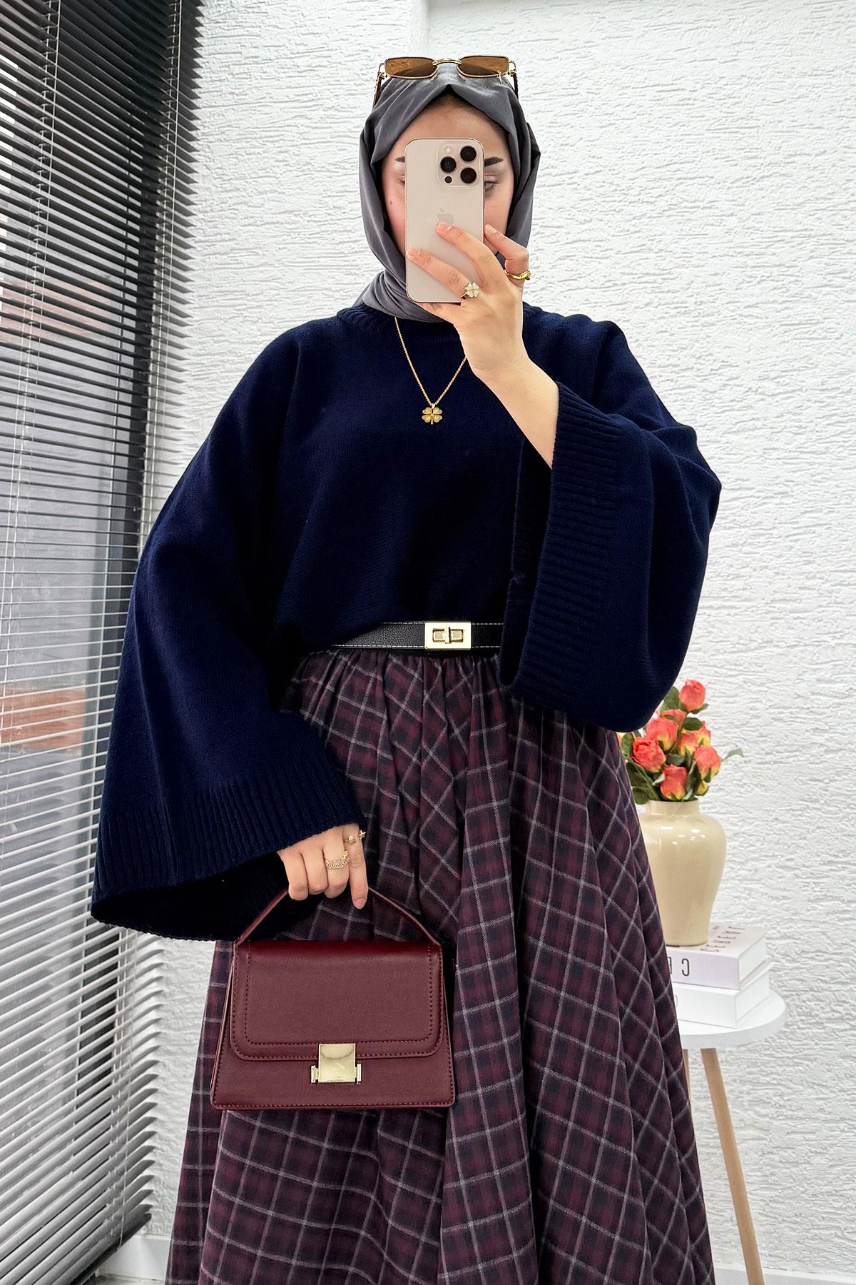 Beli Lastikli Midiboy Ekose Desen Etek - Bordo - Laci