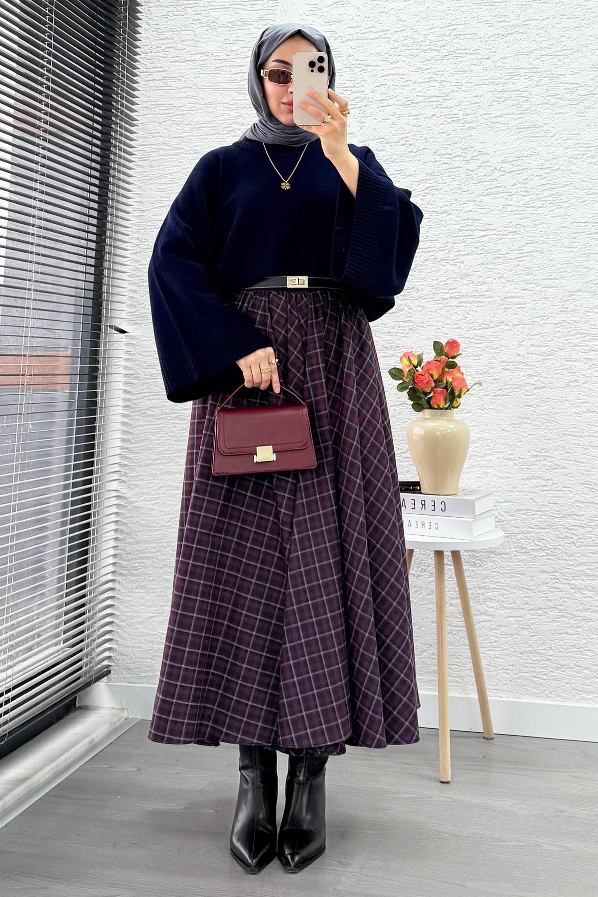 Beli Lastikli Midiboy Ekose Desen Etek - Bordo - Laci