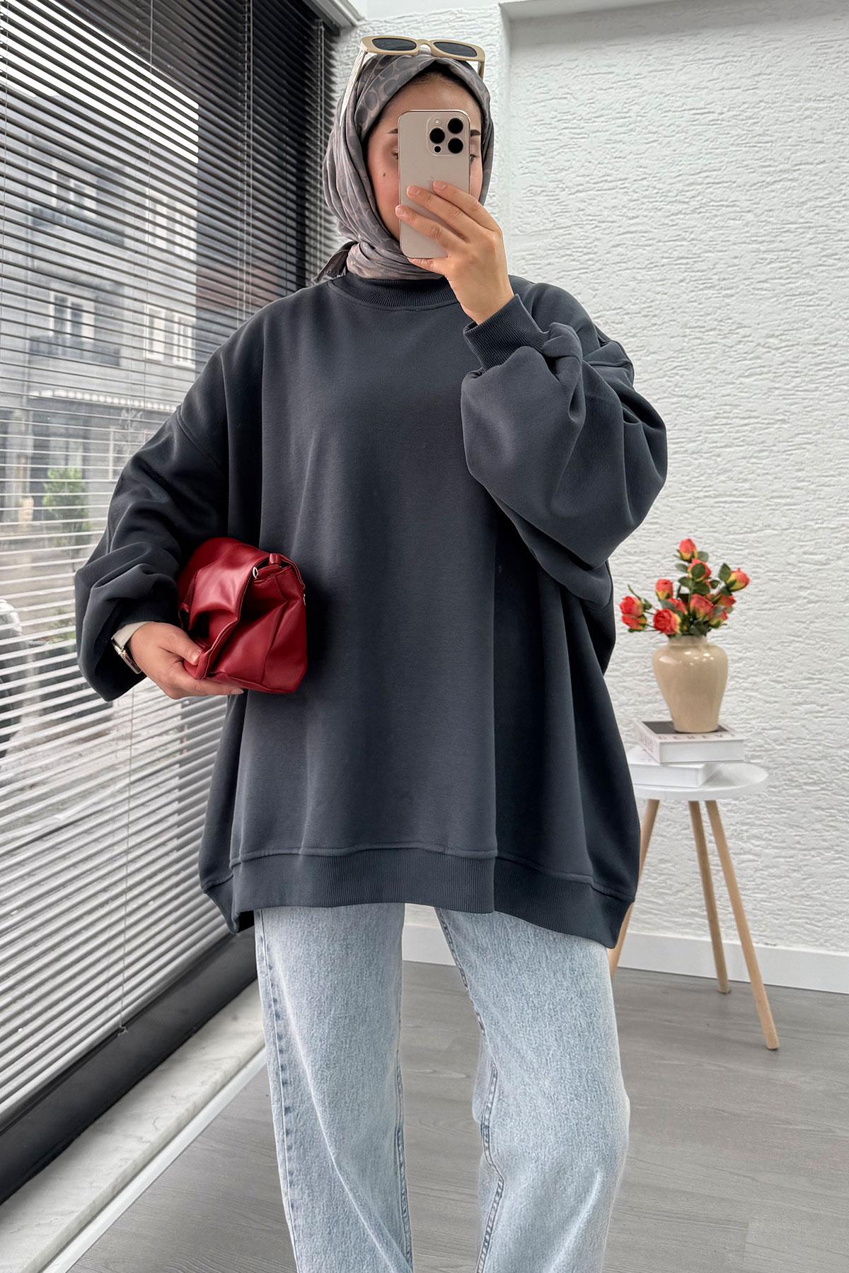Bisiklet Yaka Oversize Kadın Sweat – Antrasit