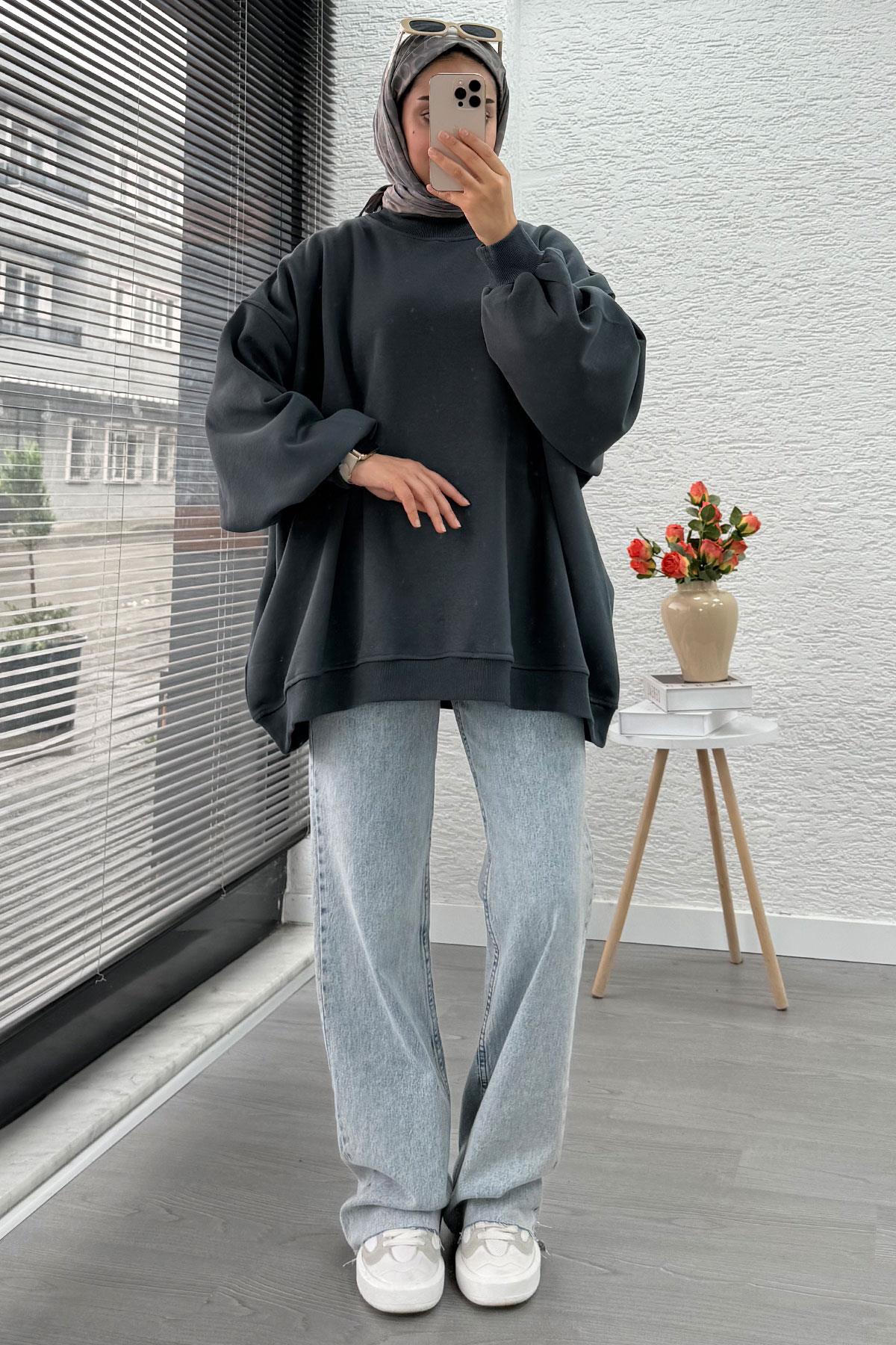 Bisiklet Yaka Oversize Kadın Sweat – Antrasit