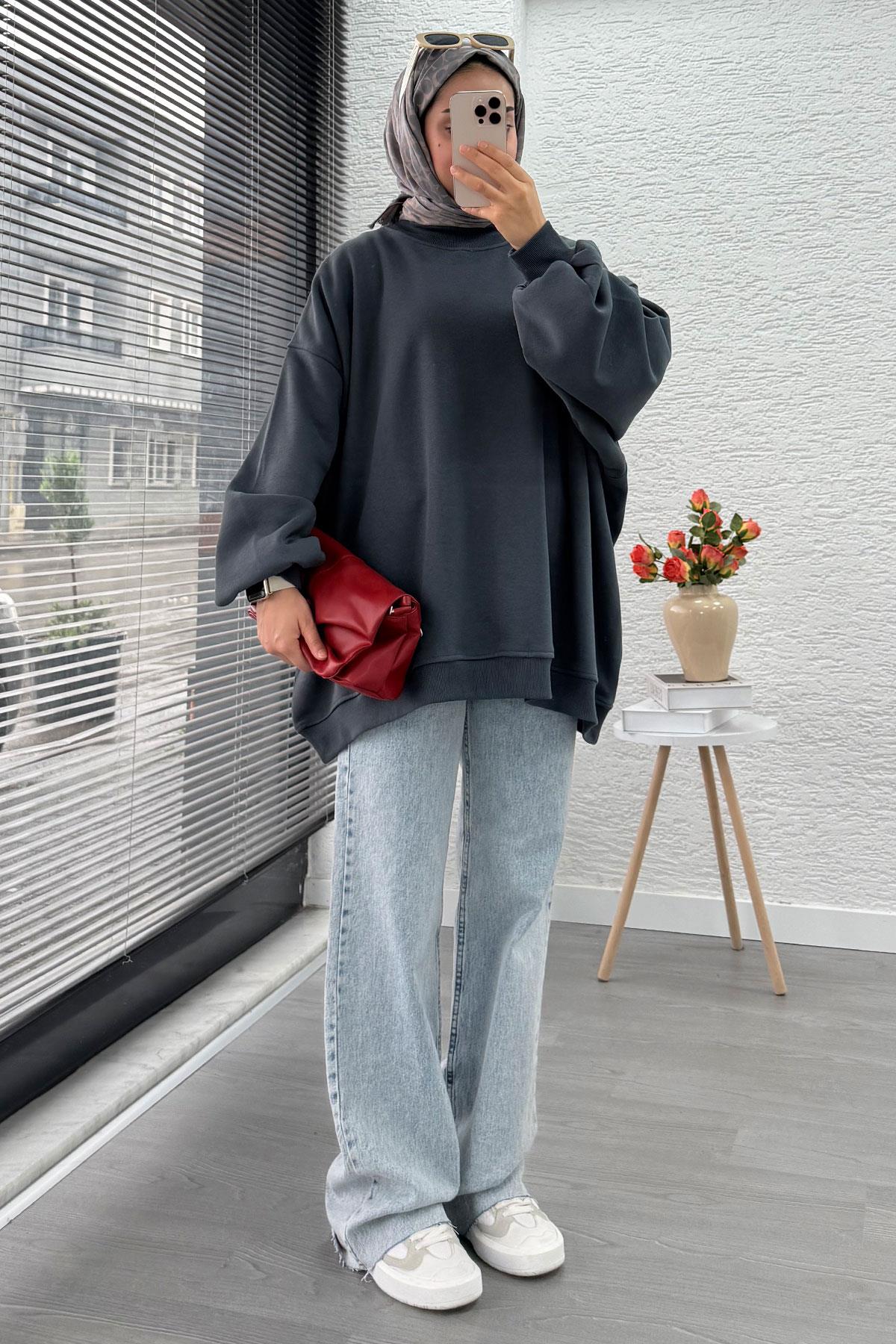 Bisiklet Yaka Oversize Kadın Sweat – Antrasit